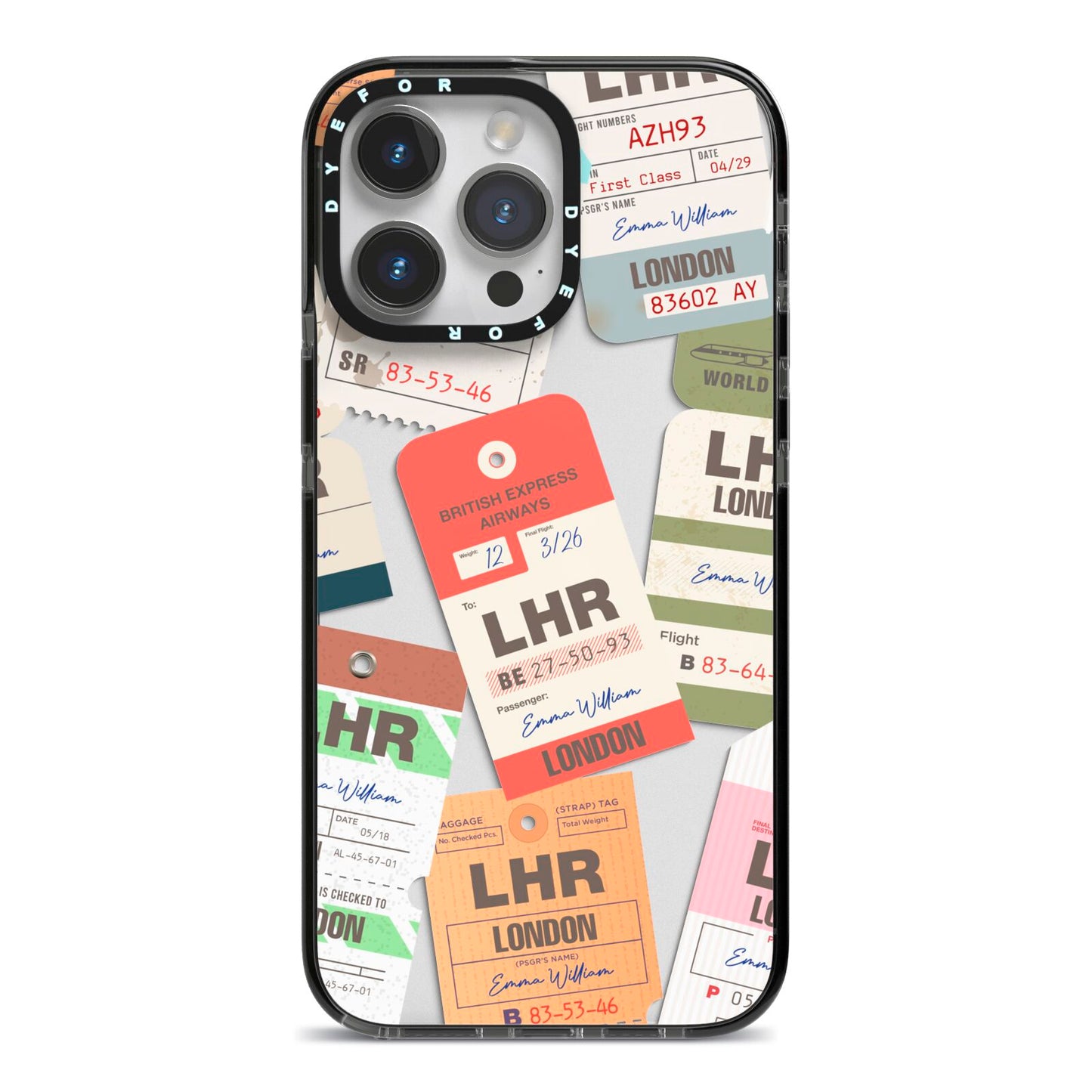 Custom Baggage Tag Collage iPhone 14 Pro Max Black Impact Case on Silver phone