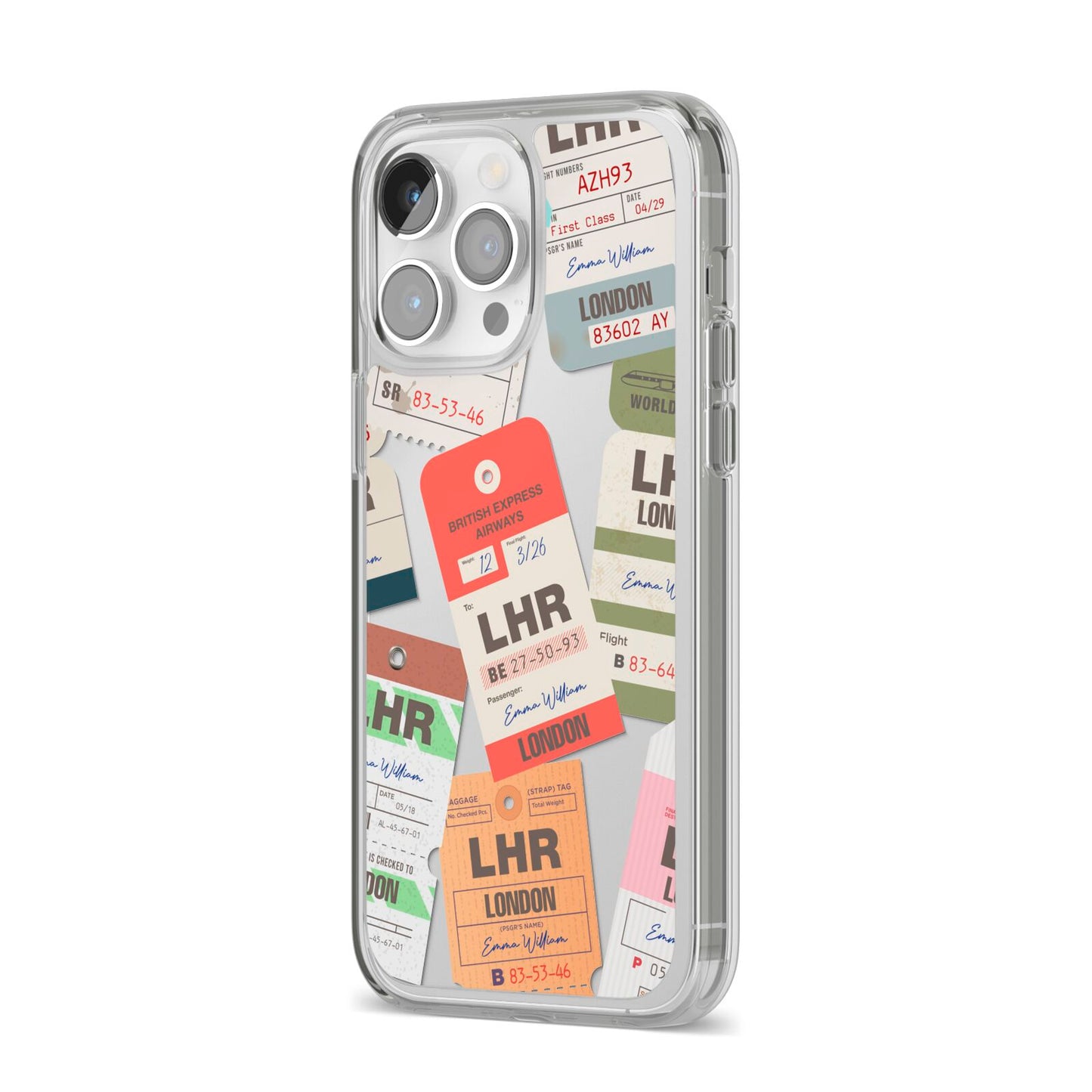 Custom Baggage Tag Collage iPhone 14 Pro Max Clear Tough Case Silver Angled Image