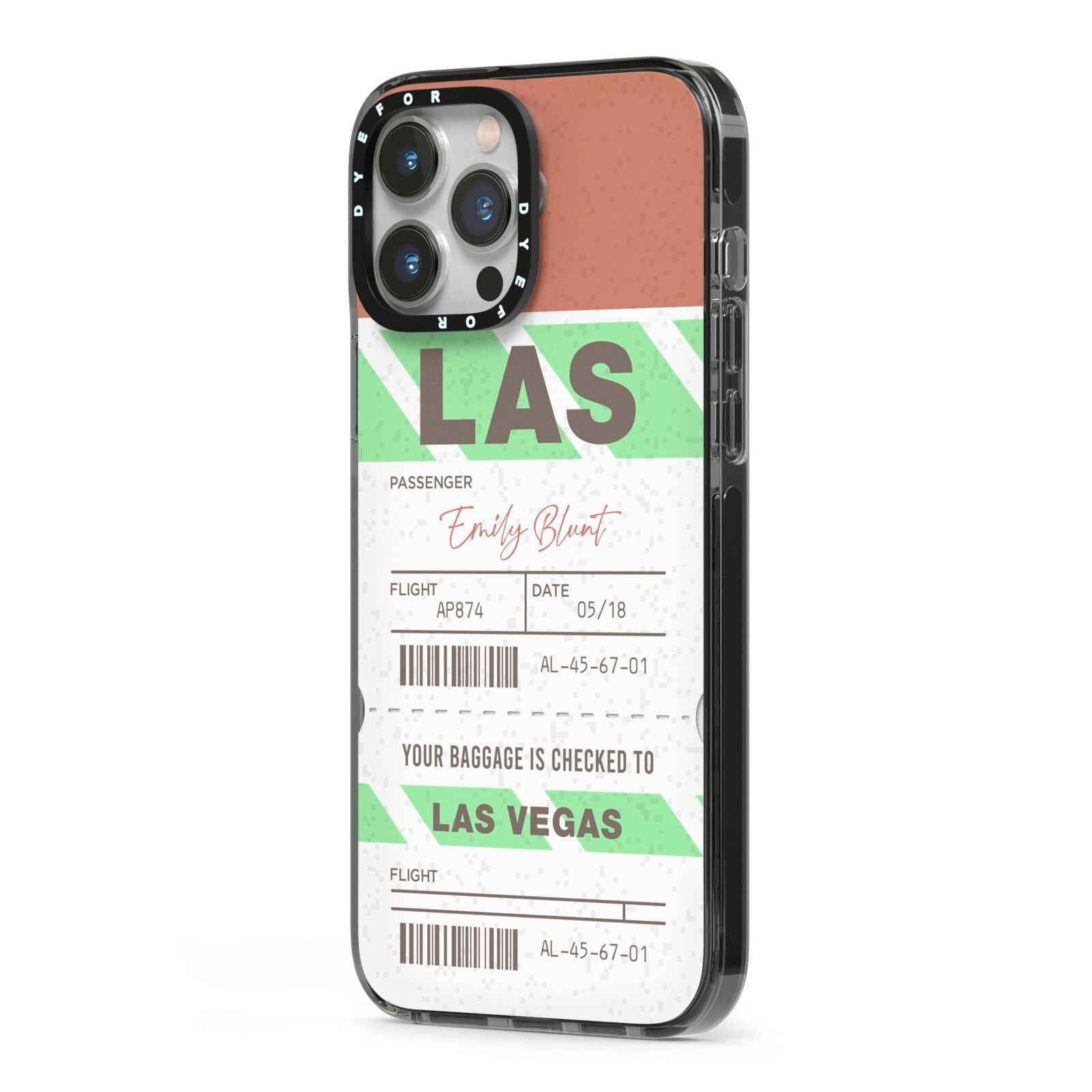 Custom Baggage Tag iPhone 13 Pro Max Black Impact Case Side Angle on Silver phone