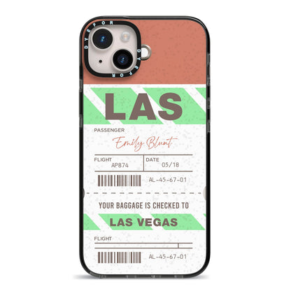 Custom Baggage Tag iPhone 14 Plus Black Impact Case on Silver phone