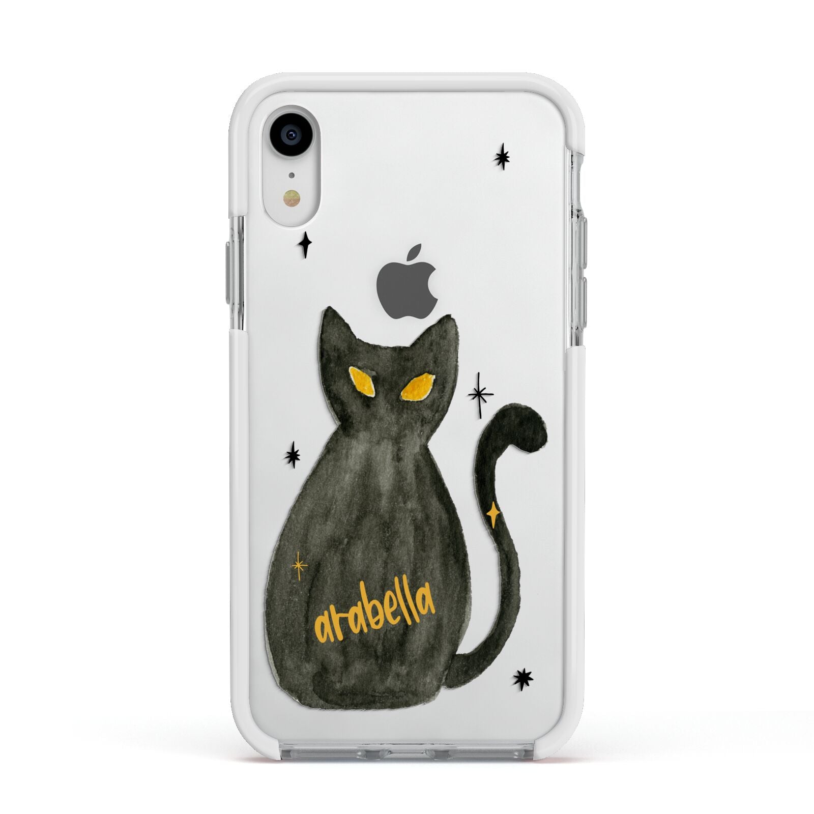 Custom Black Cat Apple iPhone XR Impact Case White Edge on Silver Phone