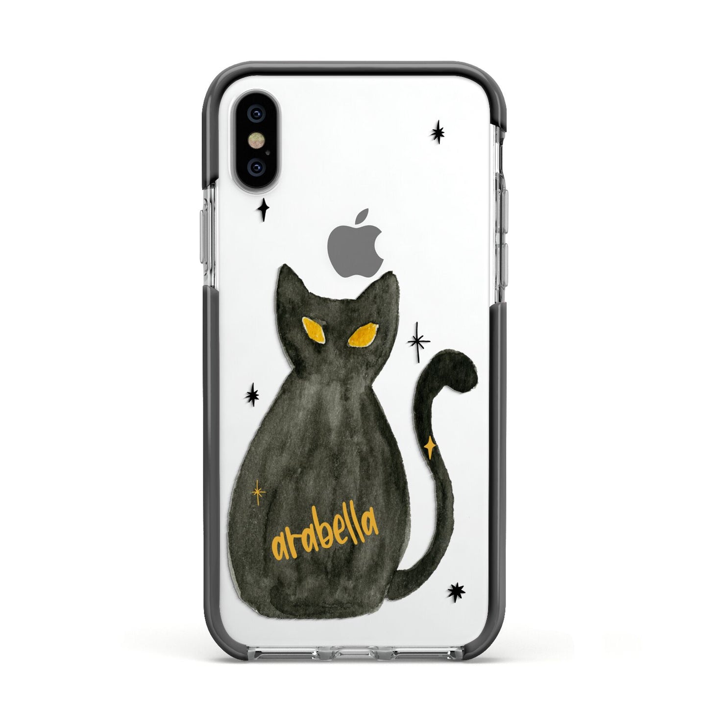 Custom Black Cat Apple iPhone Xs Impact Case Black Edge on Silver Phone