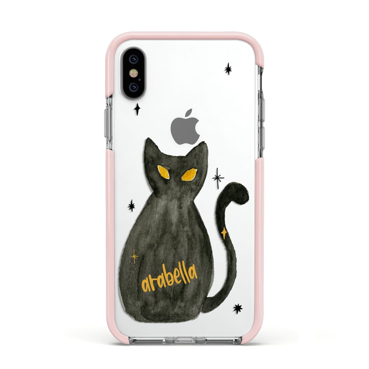 Custom Black Cat Apple iPhone Xs Impact Case Pink Edge on Silver Phone