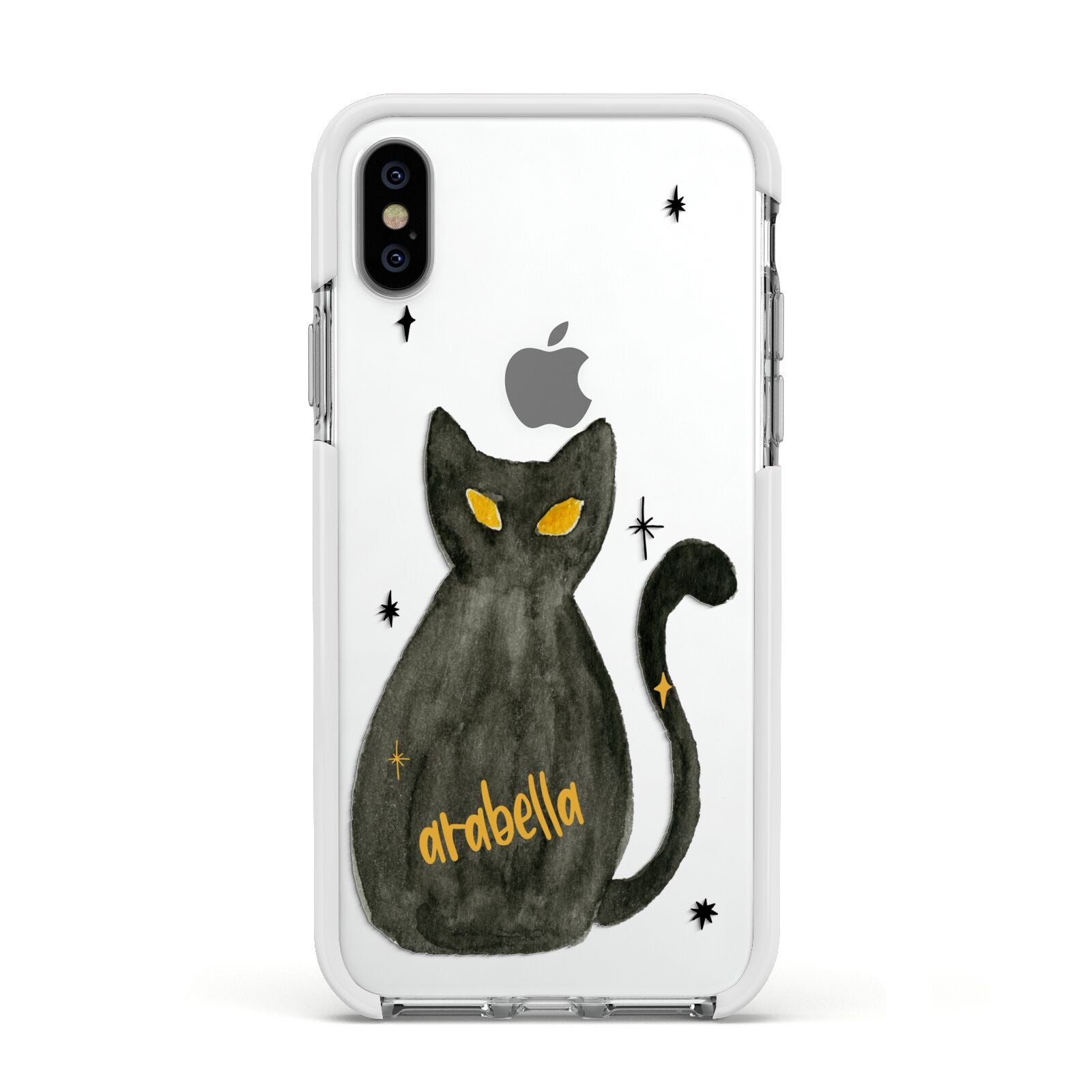 Custom Black Cat Apple iPhone Xs Impact Case White Edge on Silver Phone