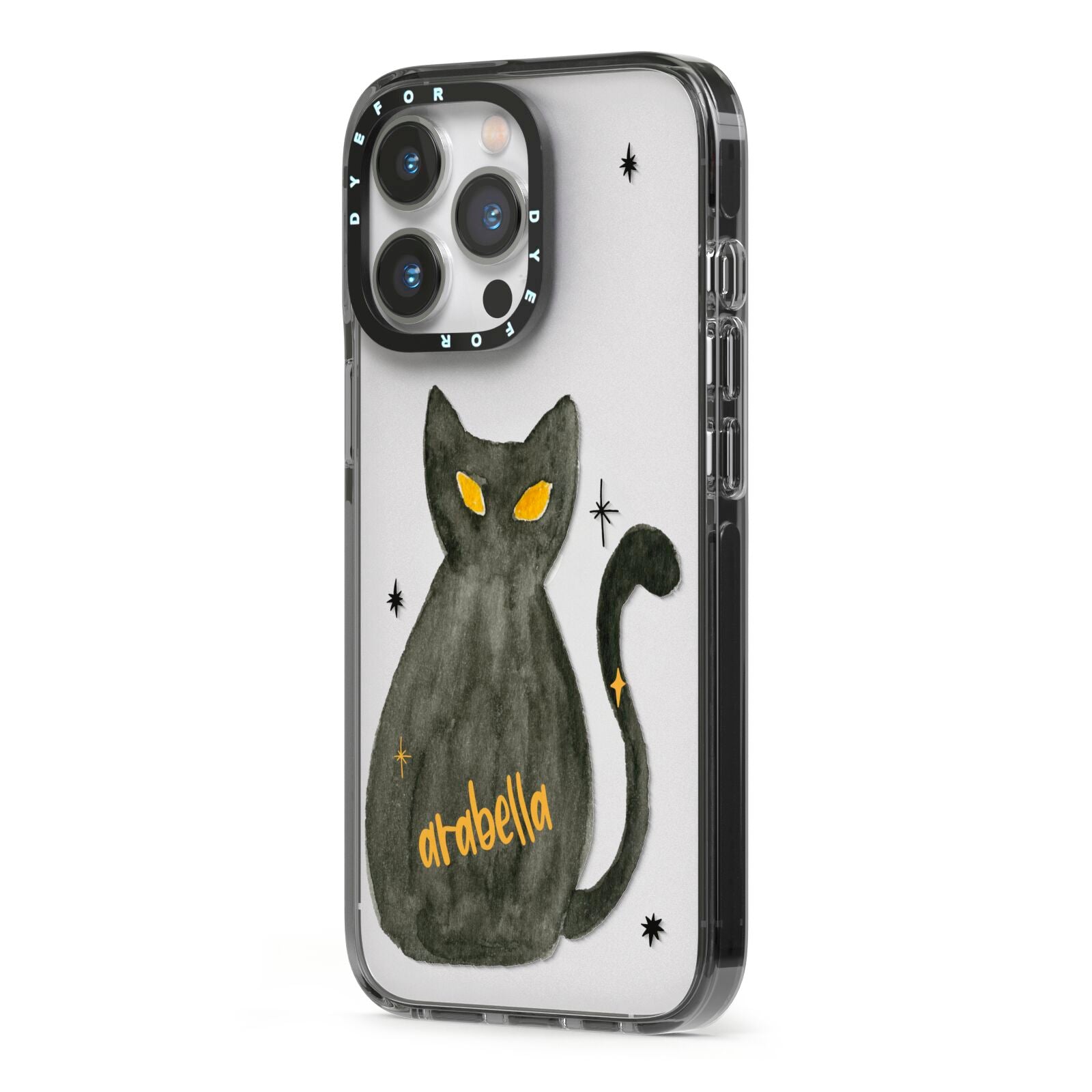 Custom Black Cat iPhone 13 Pro Black Impact Case Side Angle on Silver phone