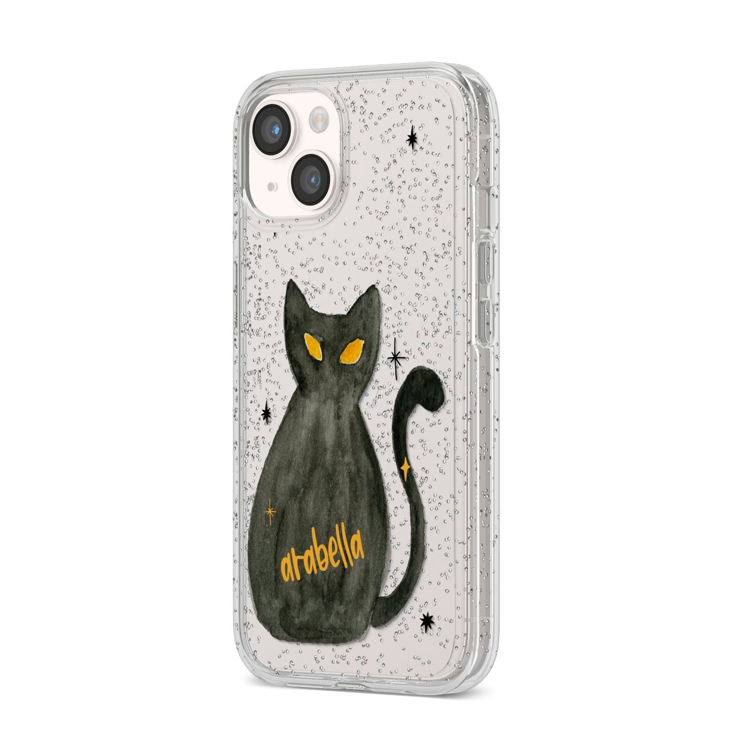 Custom Black Cat iPhone 14 Glitter Tough Case Starlight Angled Image