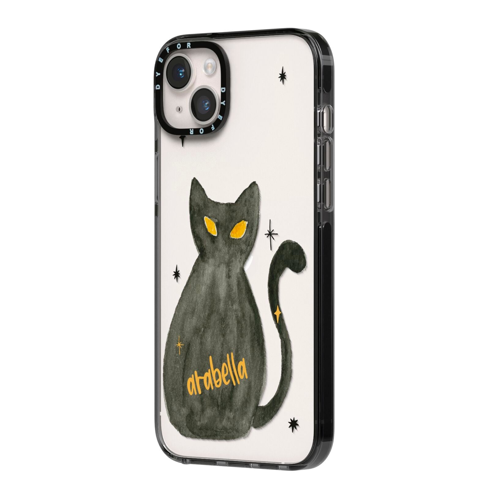 Custom Black Cat iPhone 14 Plus Black Impact Case Side Angle on Silver phone