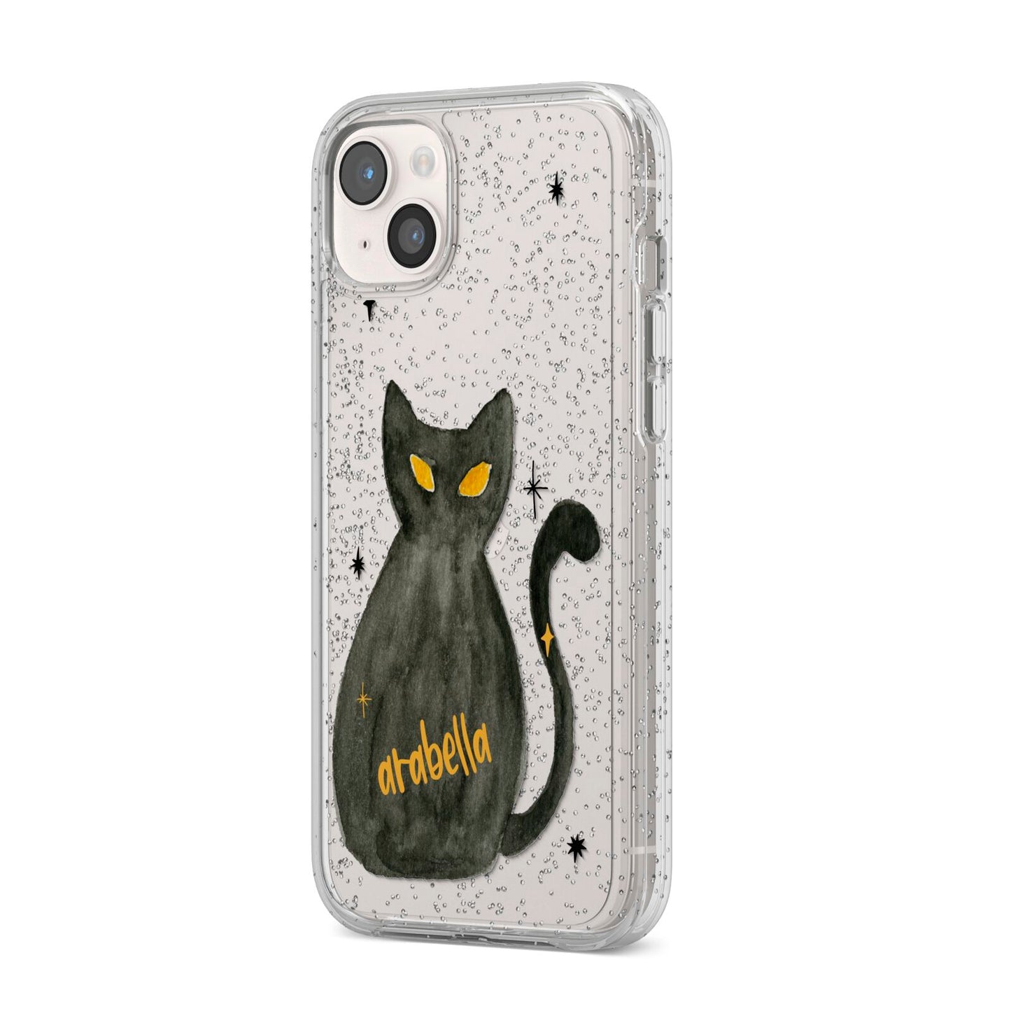 Custom Black Cat iPhone 14 Plus Glitter Tough Case Starlight Angled Image