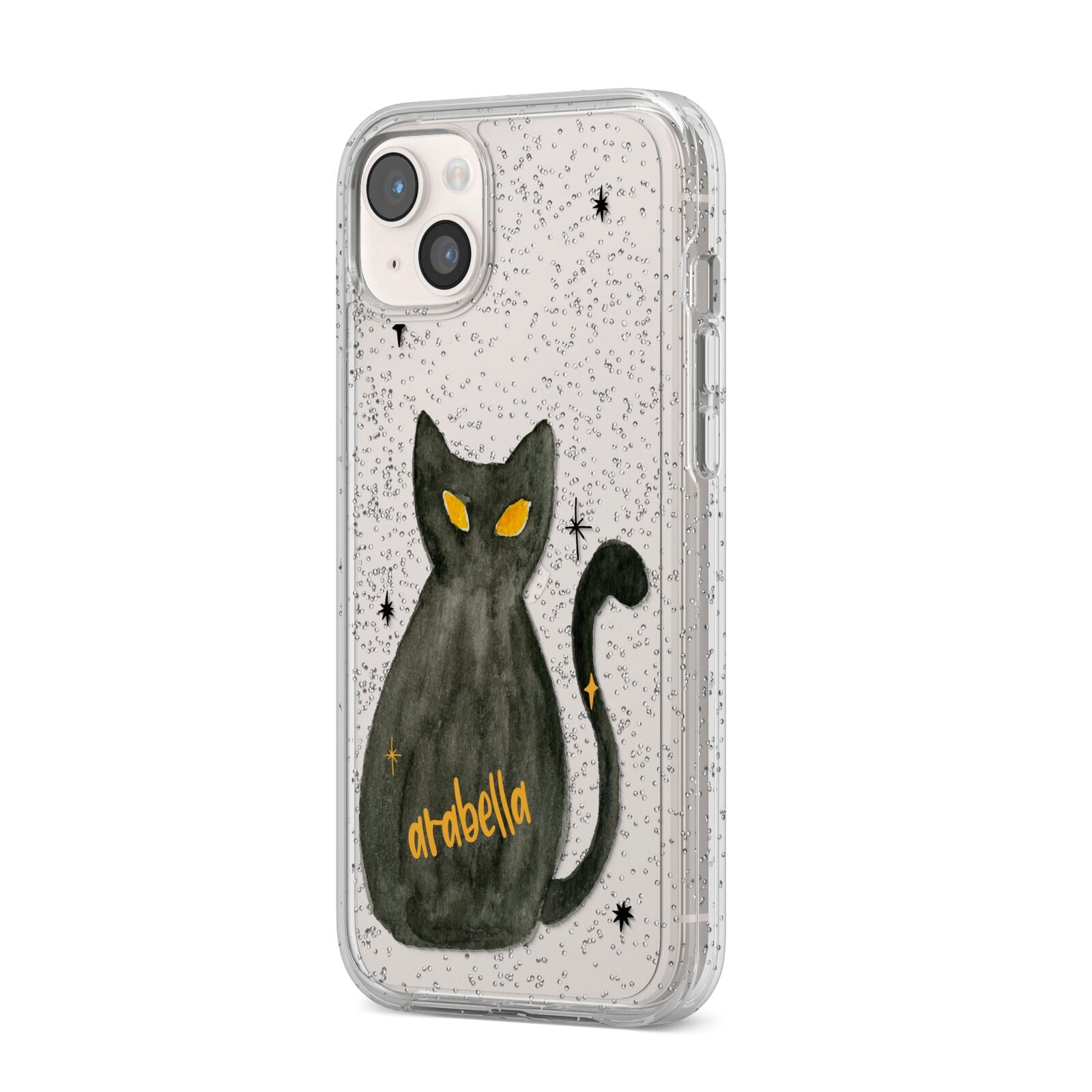 Custom Black Cat iPhone 14 Plus Glitter Tough Case Starlight Angled Image
