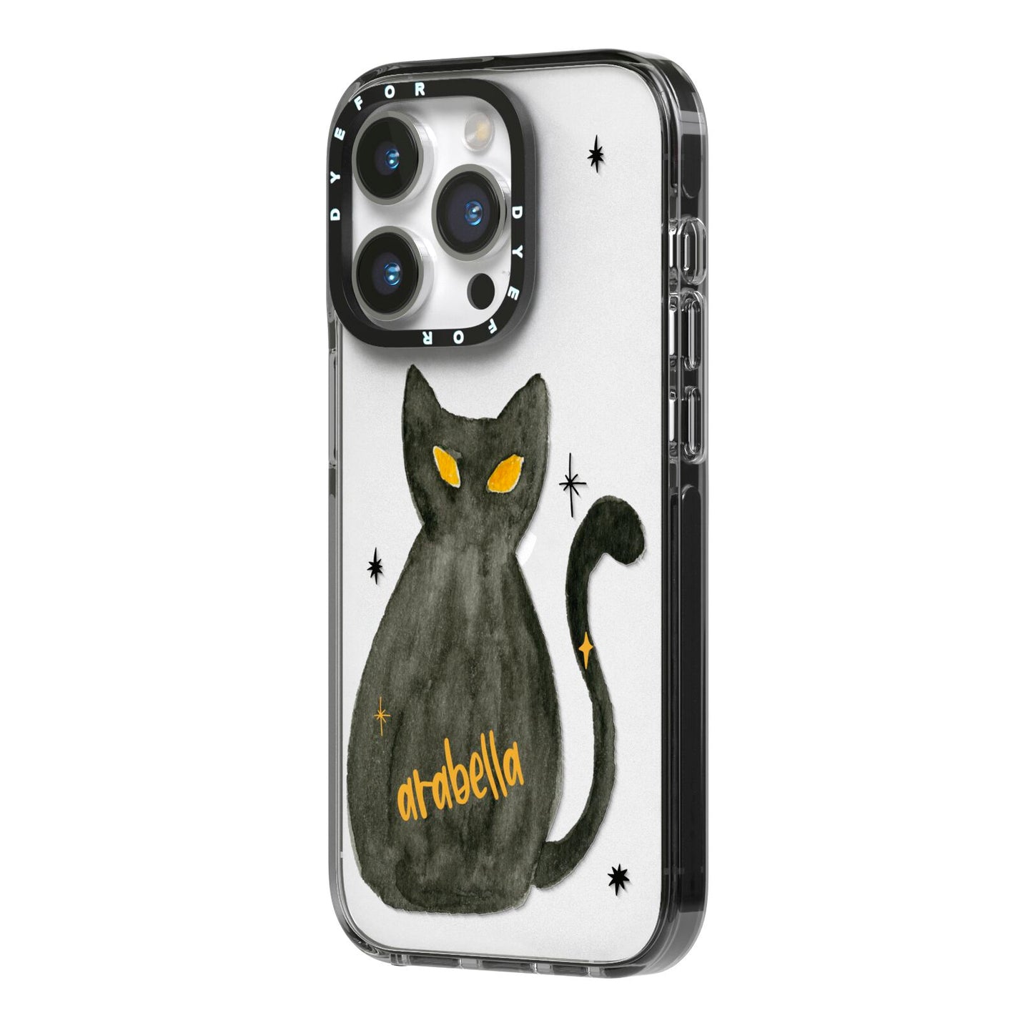 Custom Black Cat iPhone 14 Pro Black Impact Case Side Angle on Silver phone