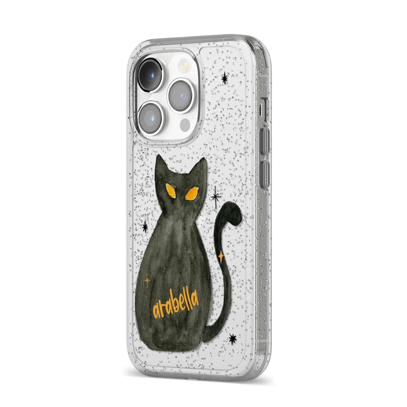 Custom Black Cat iPhone 14 Pro Glitter Tough Case Silver Angled Image