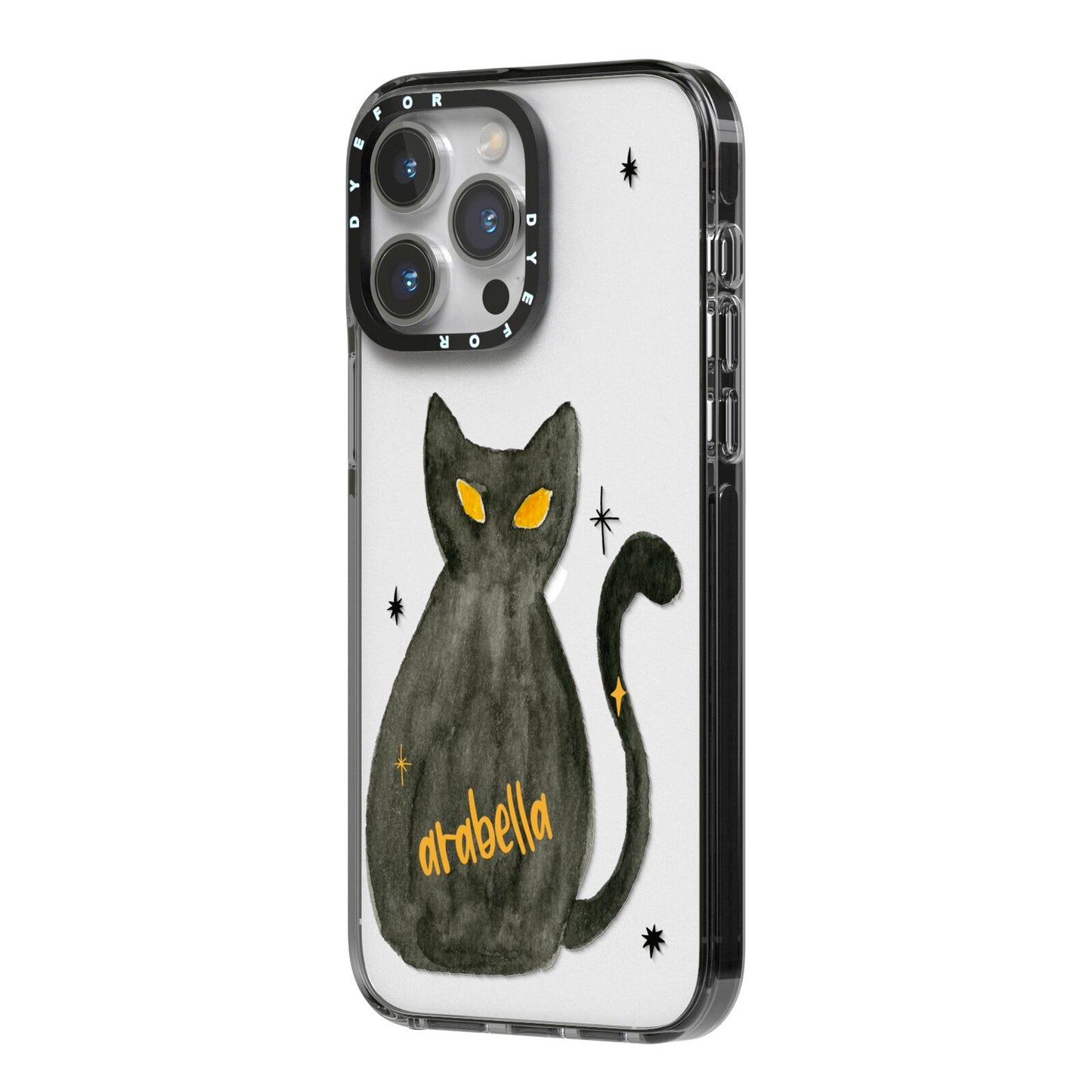 Custom Black Cat iPhone 14 Pro Max Black Impact Case Side Angle on Silver phone