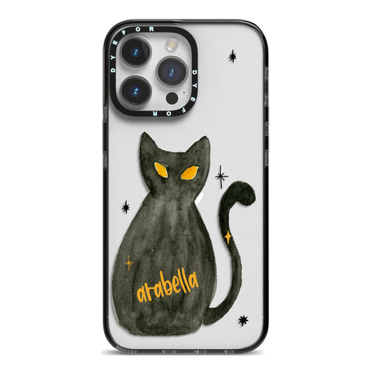 Custom Black Cat iPhone 14 Pro Max Black Impact Case on Silver phone