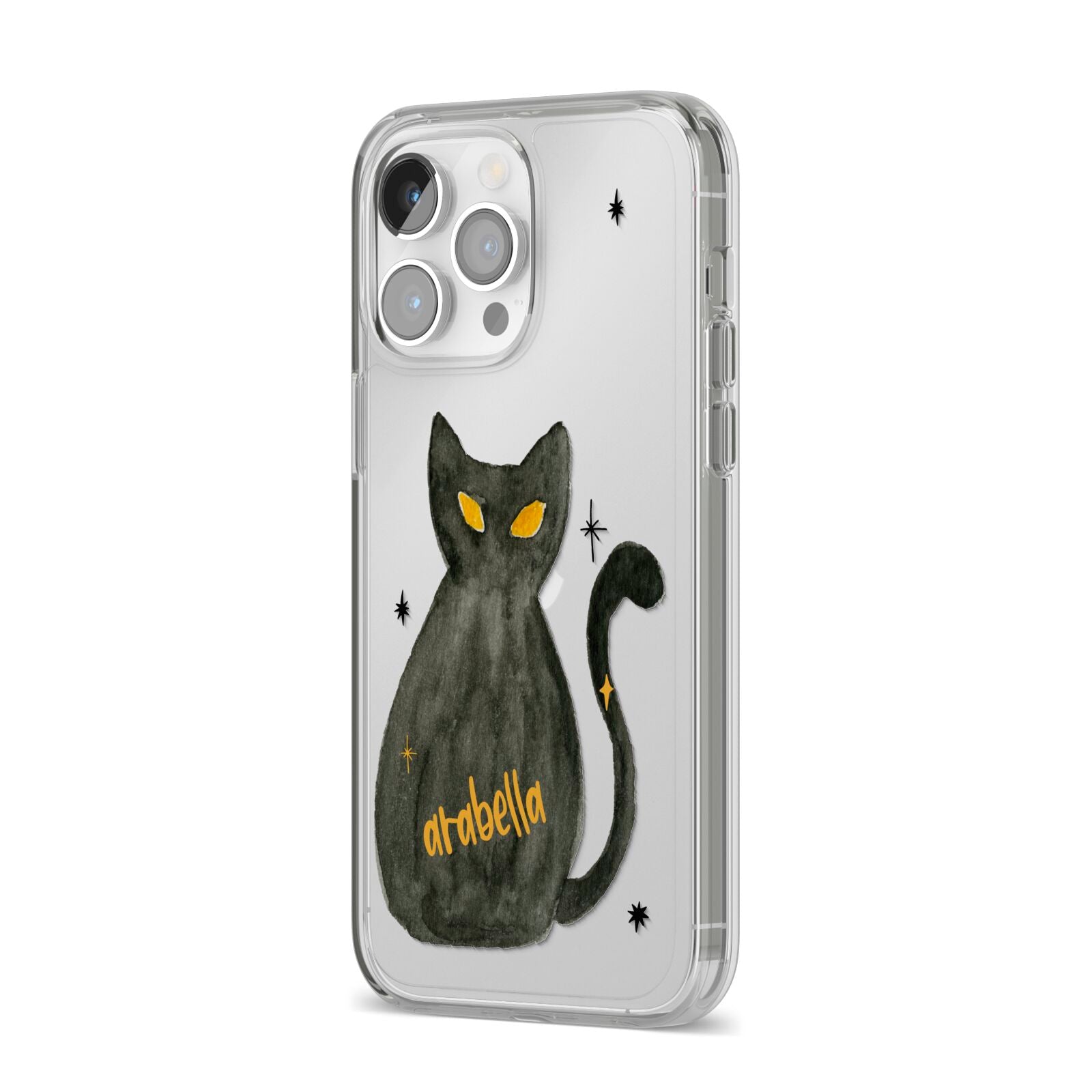 Custom Black Cat iPhone 14 Pro Max Clear Tough Case Silver Angled Image