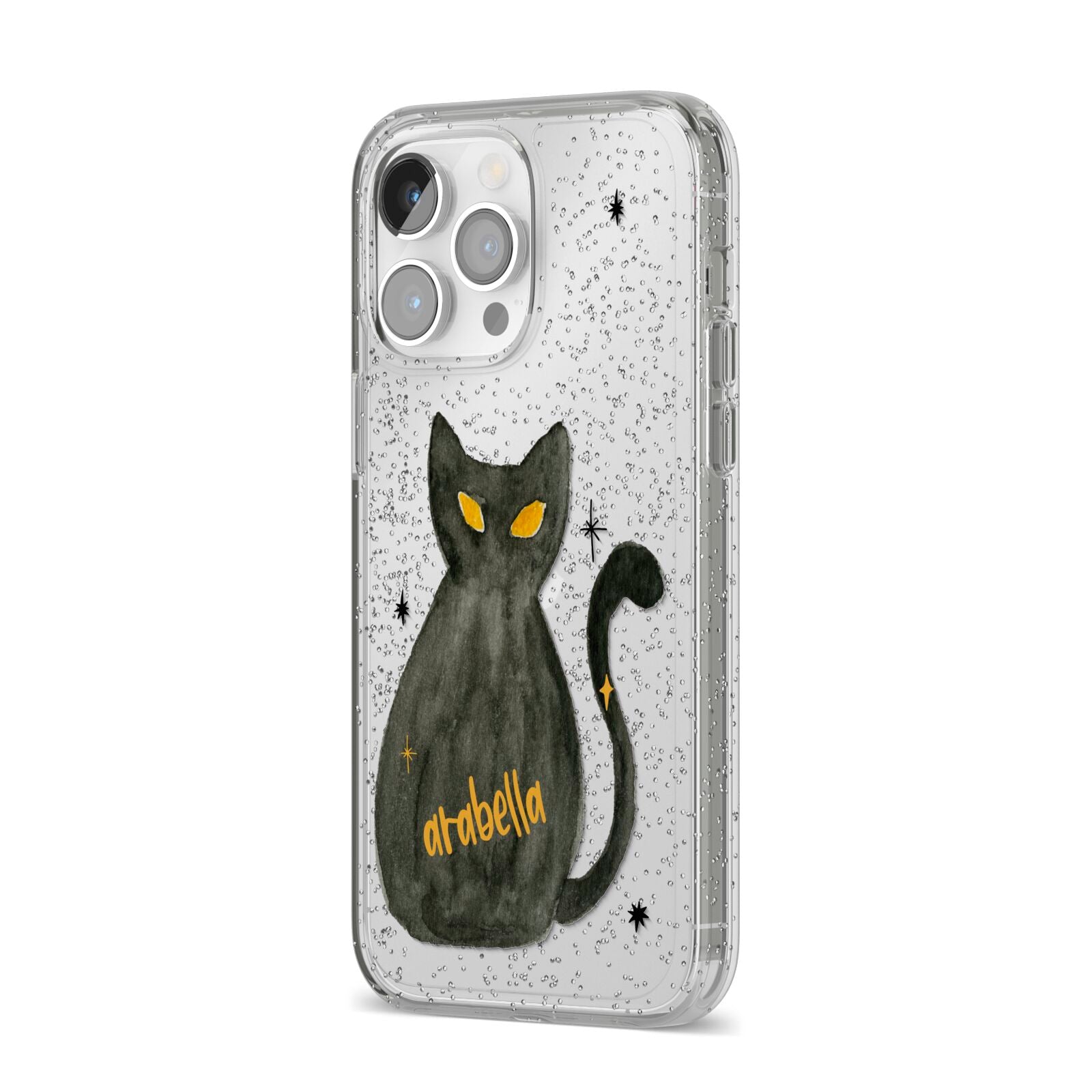 Custom Black Cat iPhone 14 Pro Max Glitter Tough Case Silver Angled Image