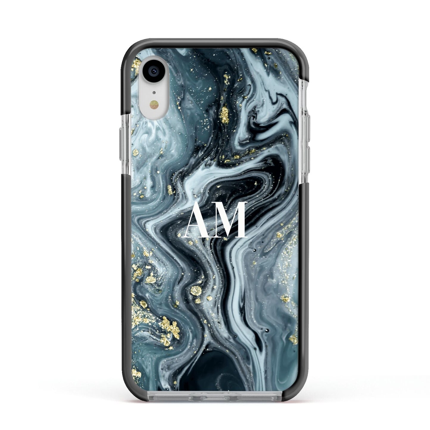 Custom Blue Swirl Marble Apple iPhone XR Impact Case Black Edge on Silver Phone