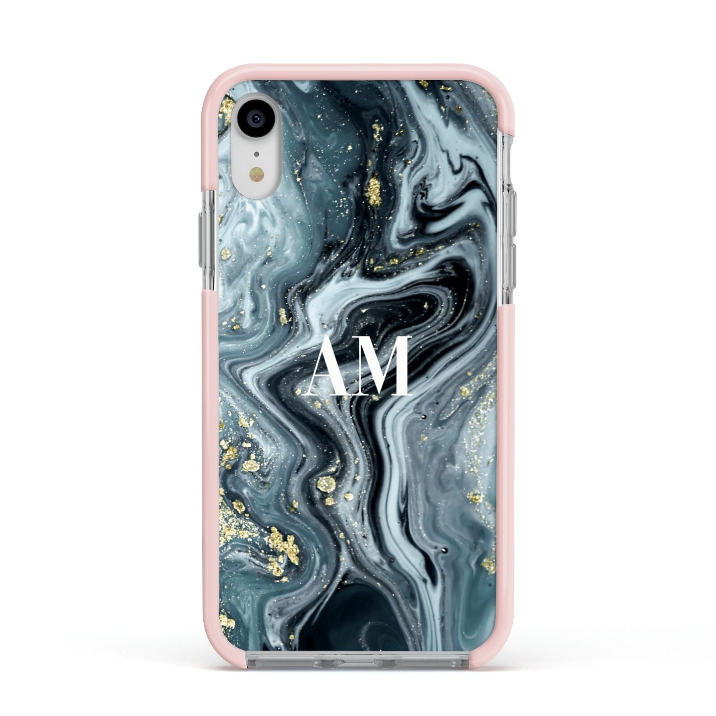 Custom Blue Swirl Marble Apple iPhone XR Impact Case Pink Edge on Silver Phone