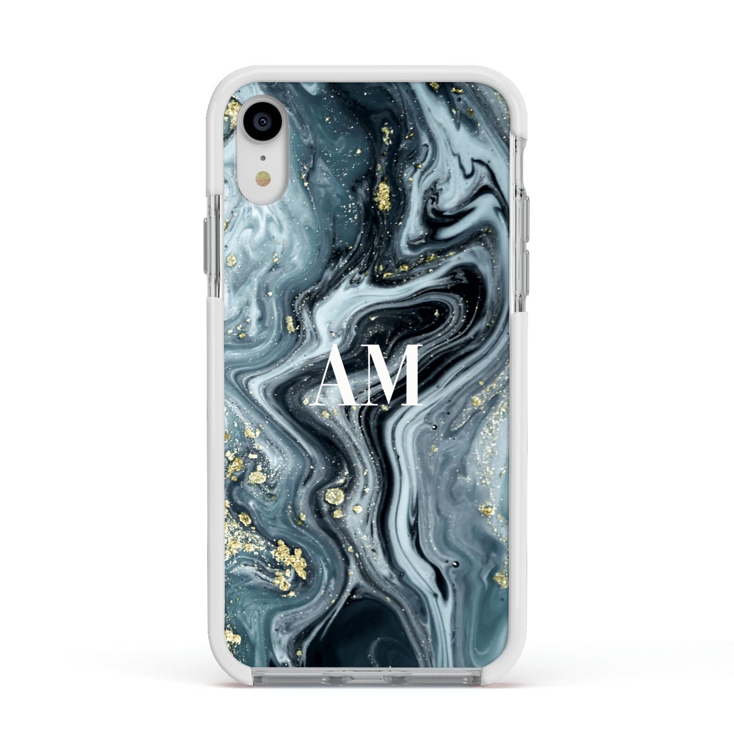 Custom Blue Swirl Marble Apple iPhone XR Impact Case White Edge on Silver Phone