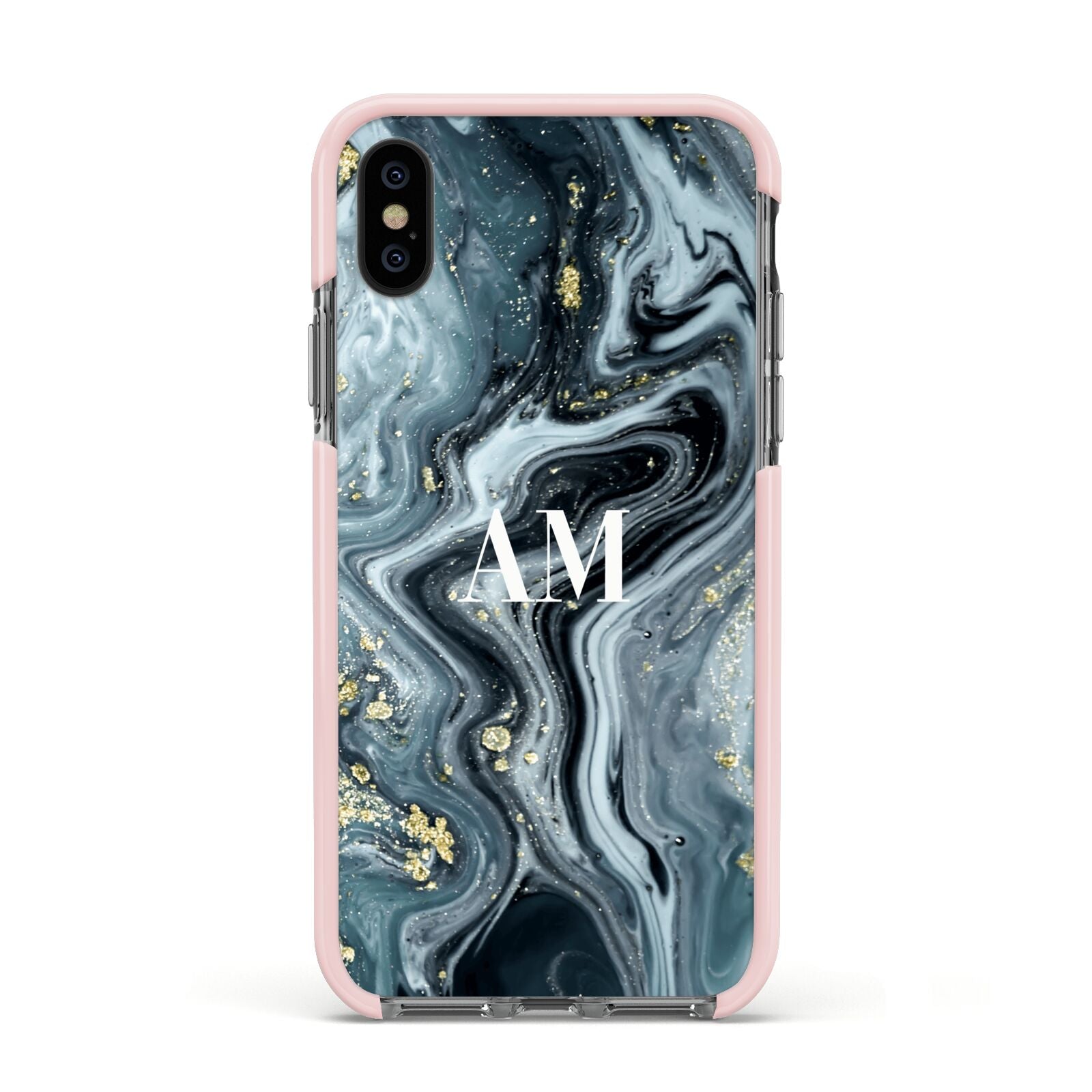Custom Blue Swirl Marble Apple iPhone Xs Impact Case Pink Edge on Black Phone