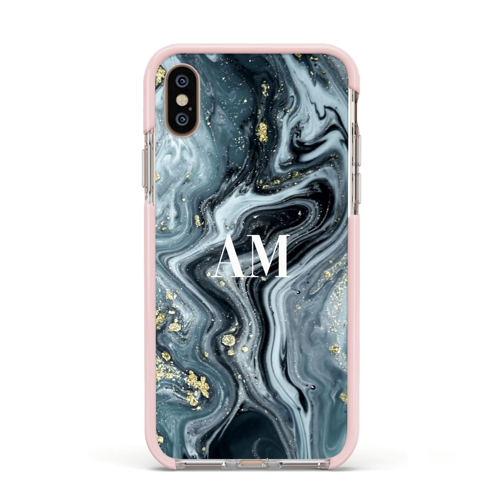 Custom Blue Swirl Marble Apple iPhone Xs Impact Case Pink Edge on Gold Phone