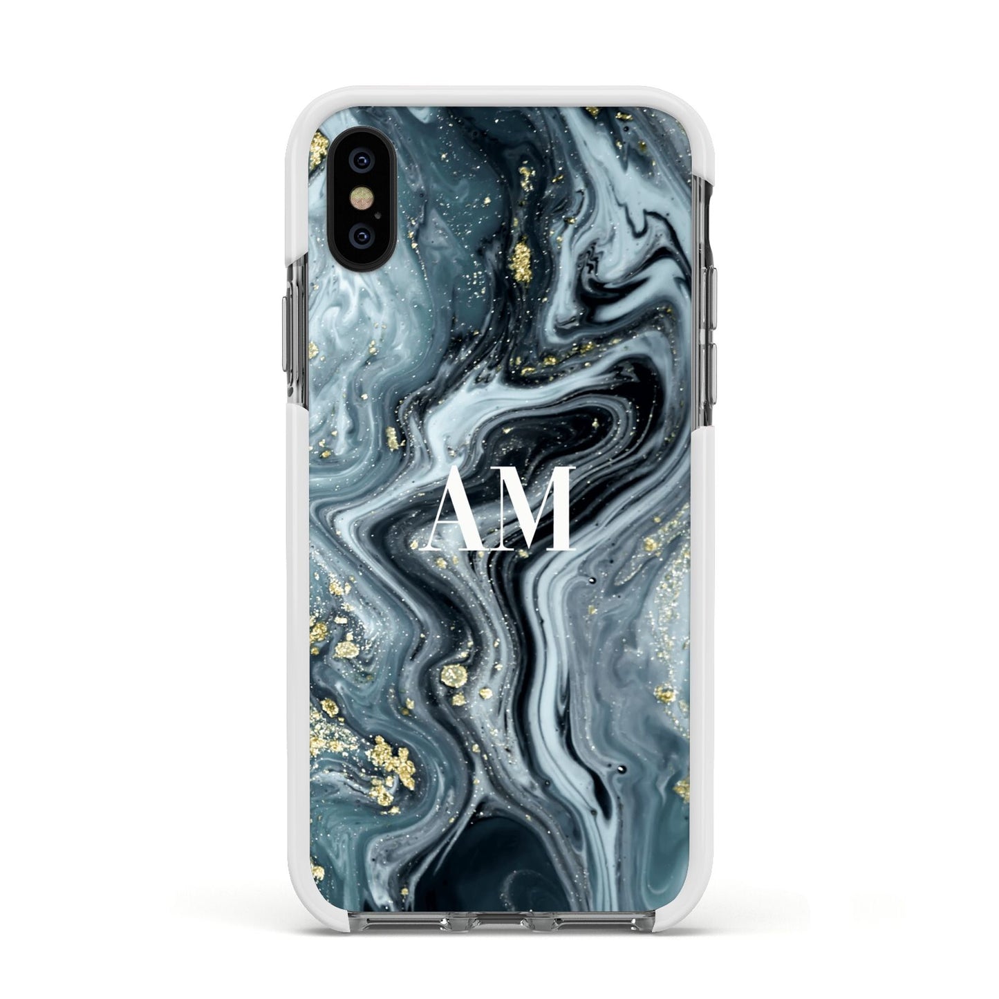 Custom Blue Swirl Marble Apple iPhone Xs Impact Case White Edge on Black Phone