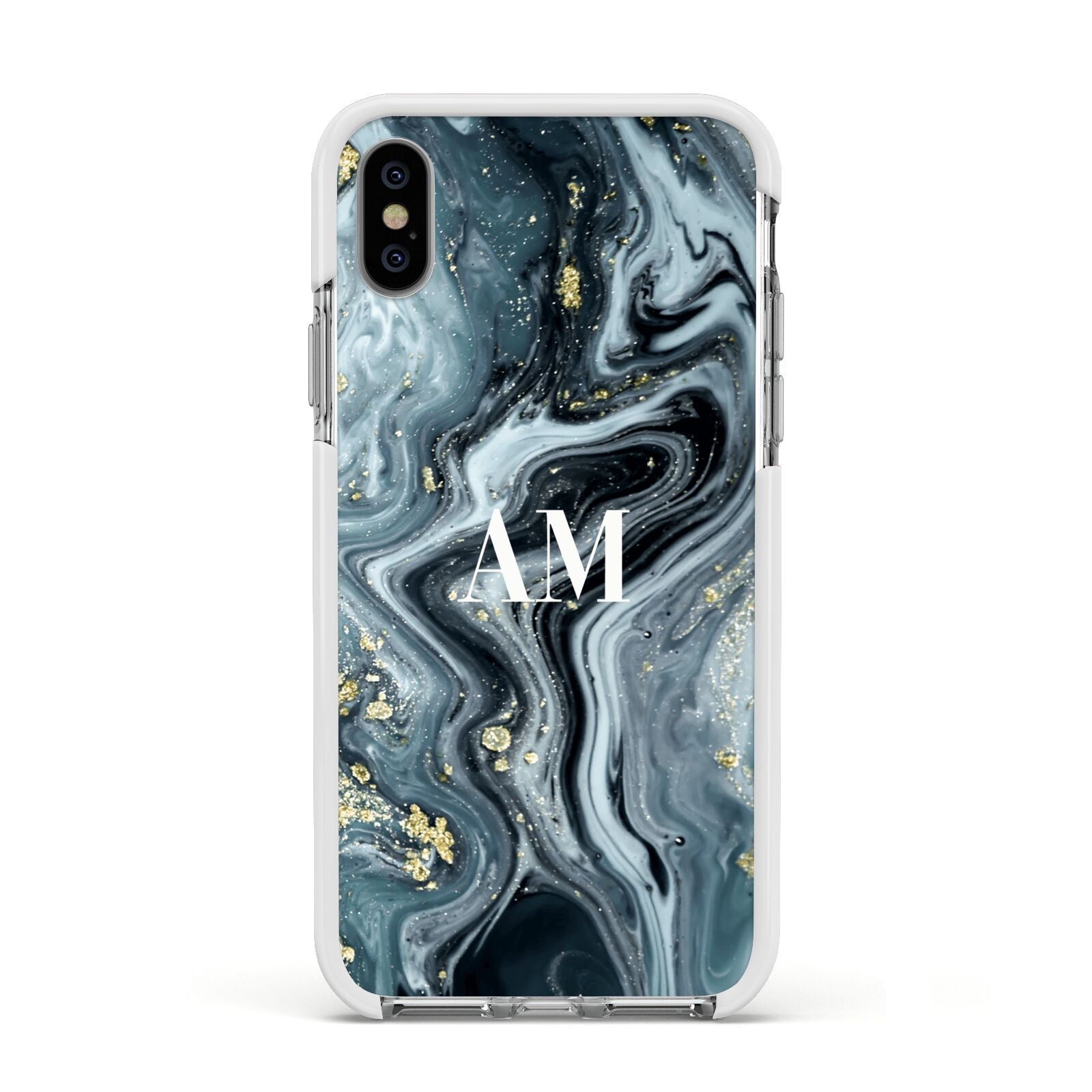Custom Blue Swirl Marble Apple iPhone Xs Impact Case White Edge on Silver Phone