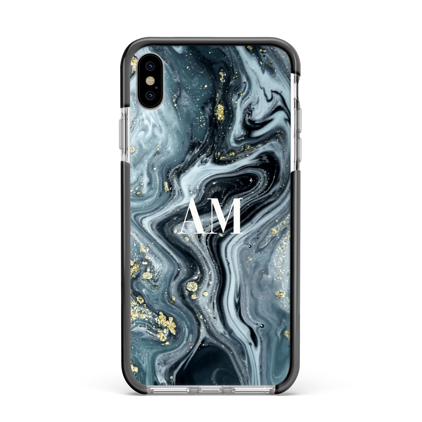 Custom Blue Swirl Marble Apple iPhone Xs Max Impact Case Black Edge on Silver Phone