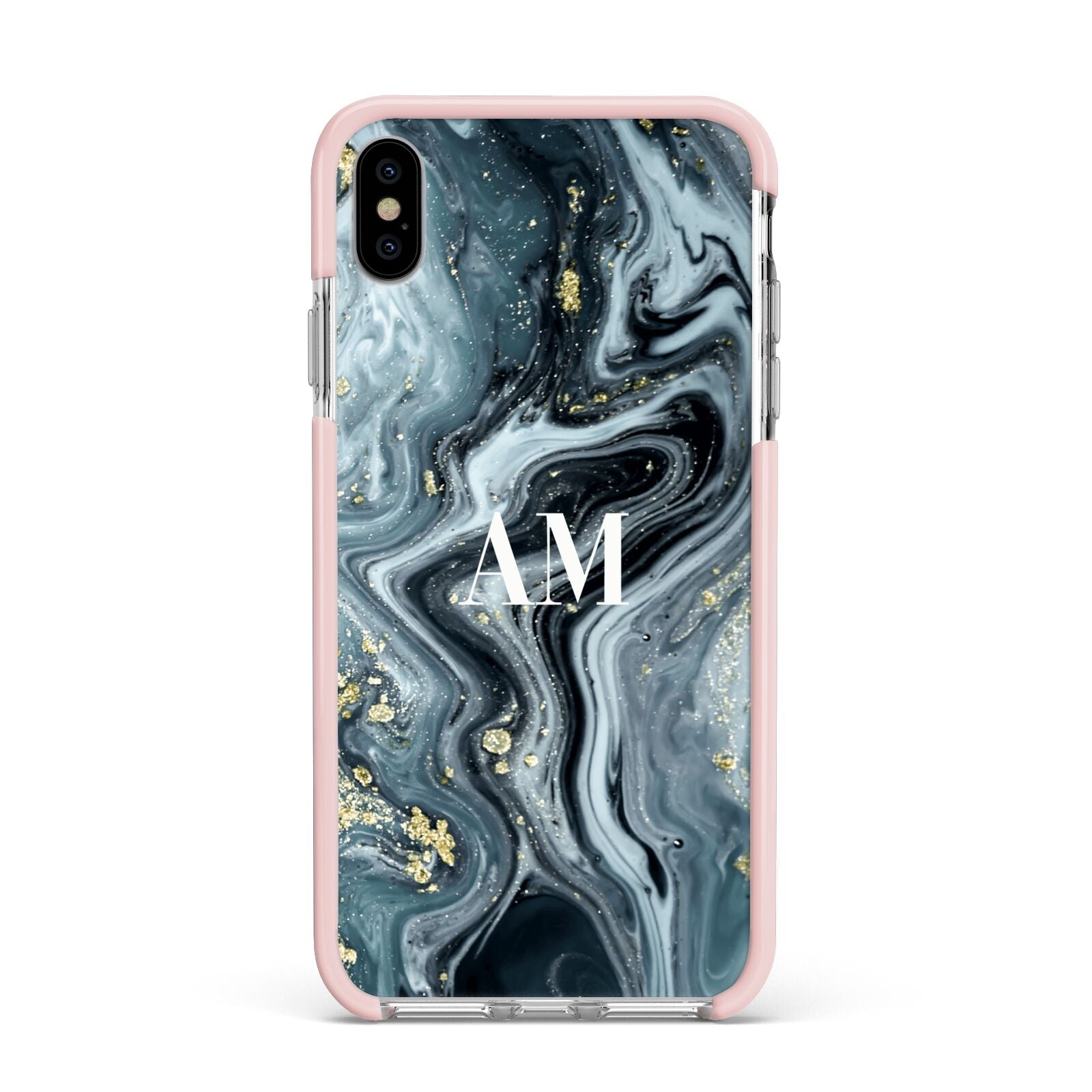 Custom Blue Swirl Marble Apple iPhone Xs Max Impact Case Pink Edge on Silver Phone