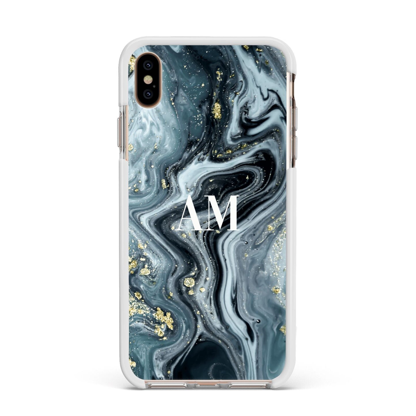 Custom Blue Swirl Marble Apple iPhone Xs Max Impact Case White Edge on Gold Phone