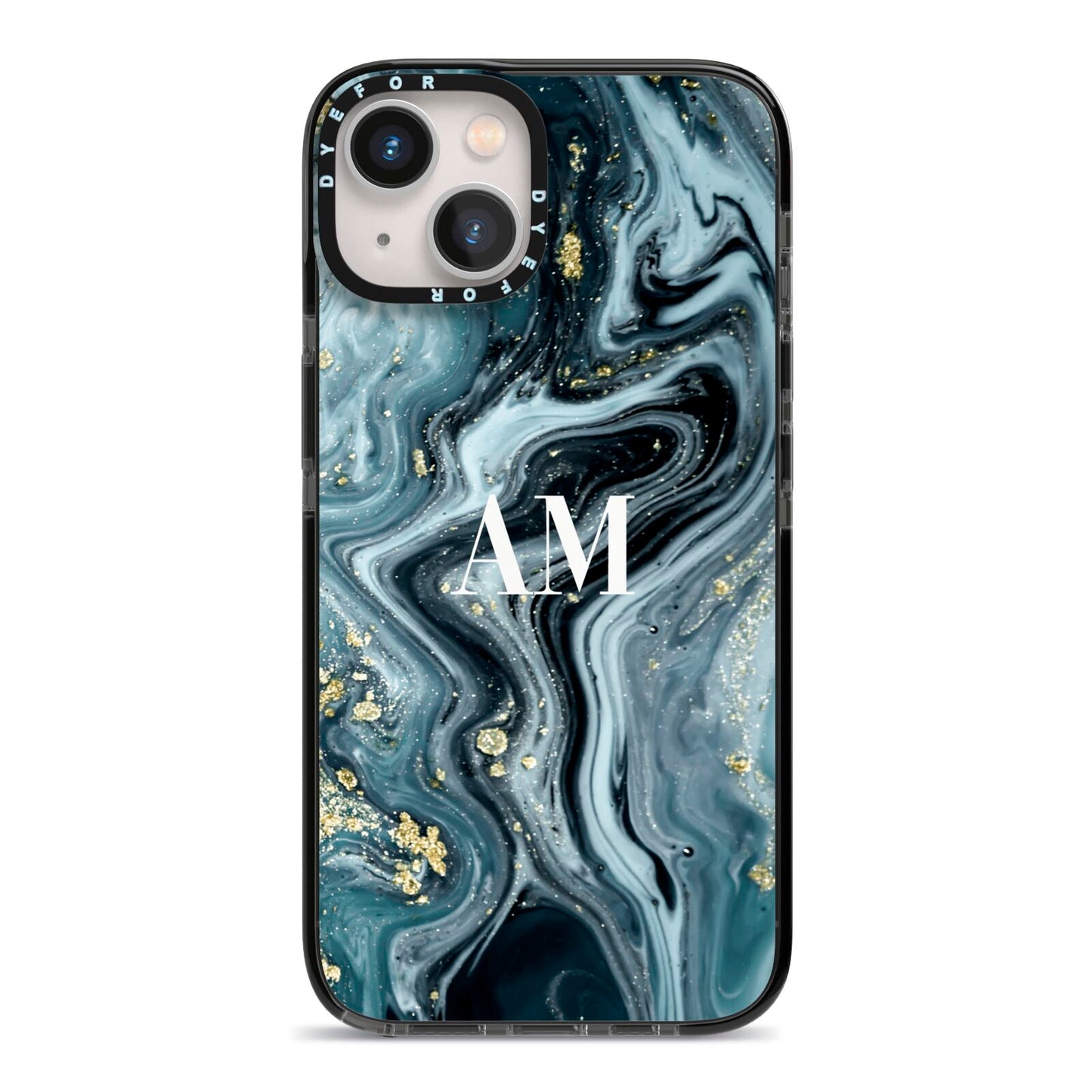 Custom Blue Swirl Marble iPhone 13 Black Impact Case on Silver phone