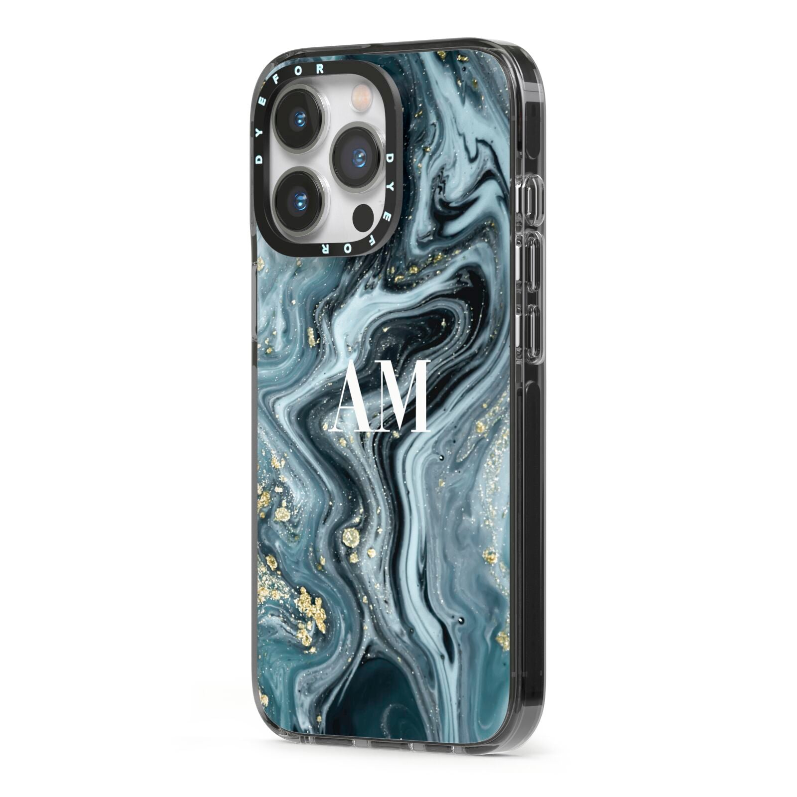 Custom Blue Swirl Marble iPhone 13 Pro Black Impact Case Side Angle on Silver phone