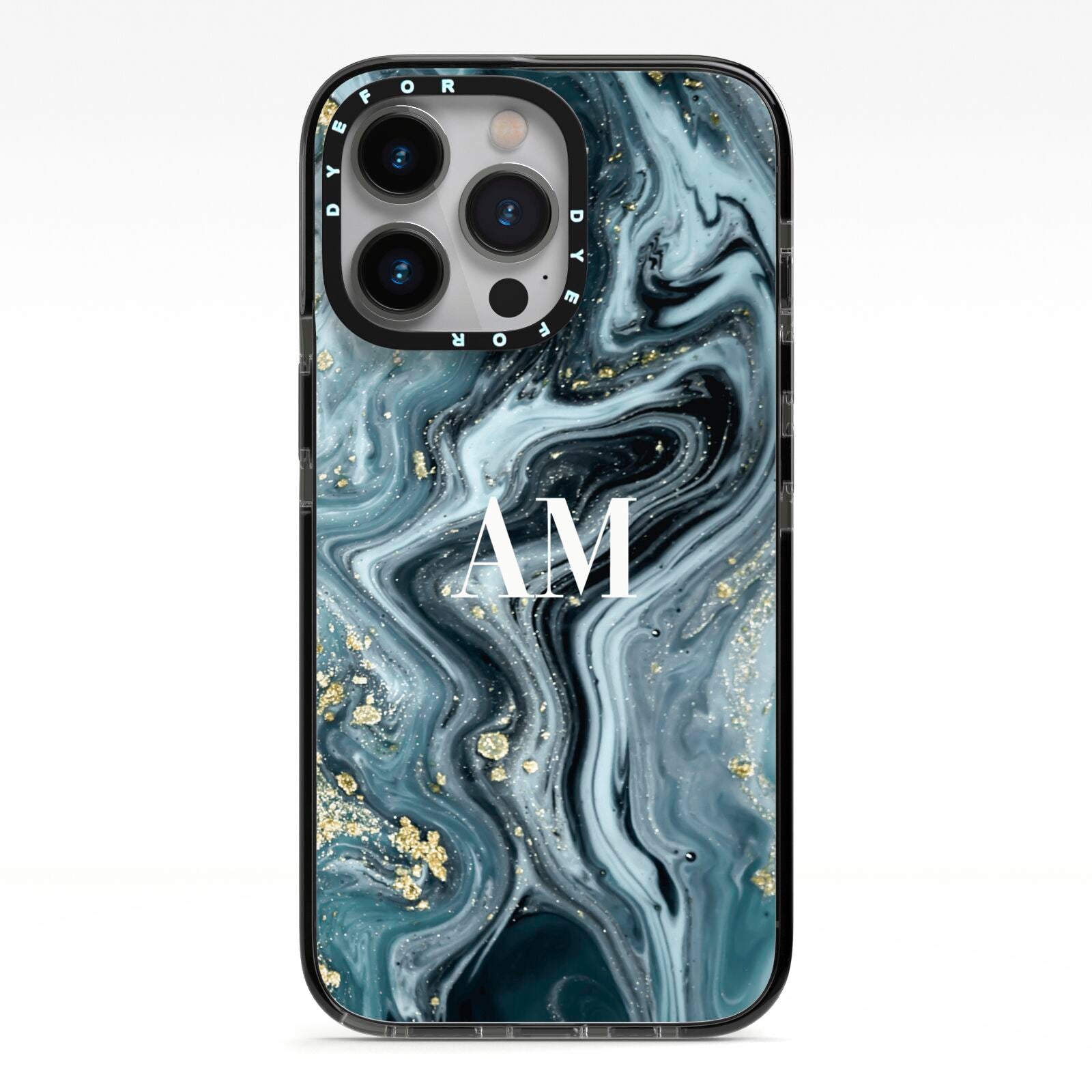 Custom Blue Swirl Marble iPhone 13 Pro Black Impact Case on Silver phone