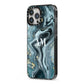 Custom Blue Swirl Marble iPhone 13 Pro Max Black Impact Case Side Angle on Silver phone
