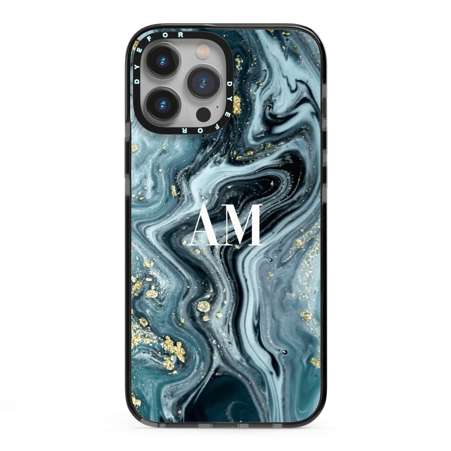 Custom Blue Swirl Marble iPhone 13 Pro Max Black Impact Case on Silver phone