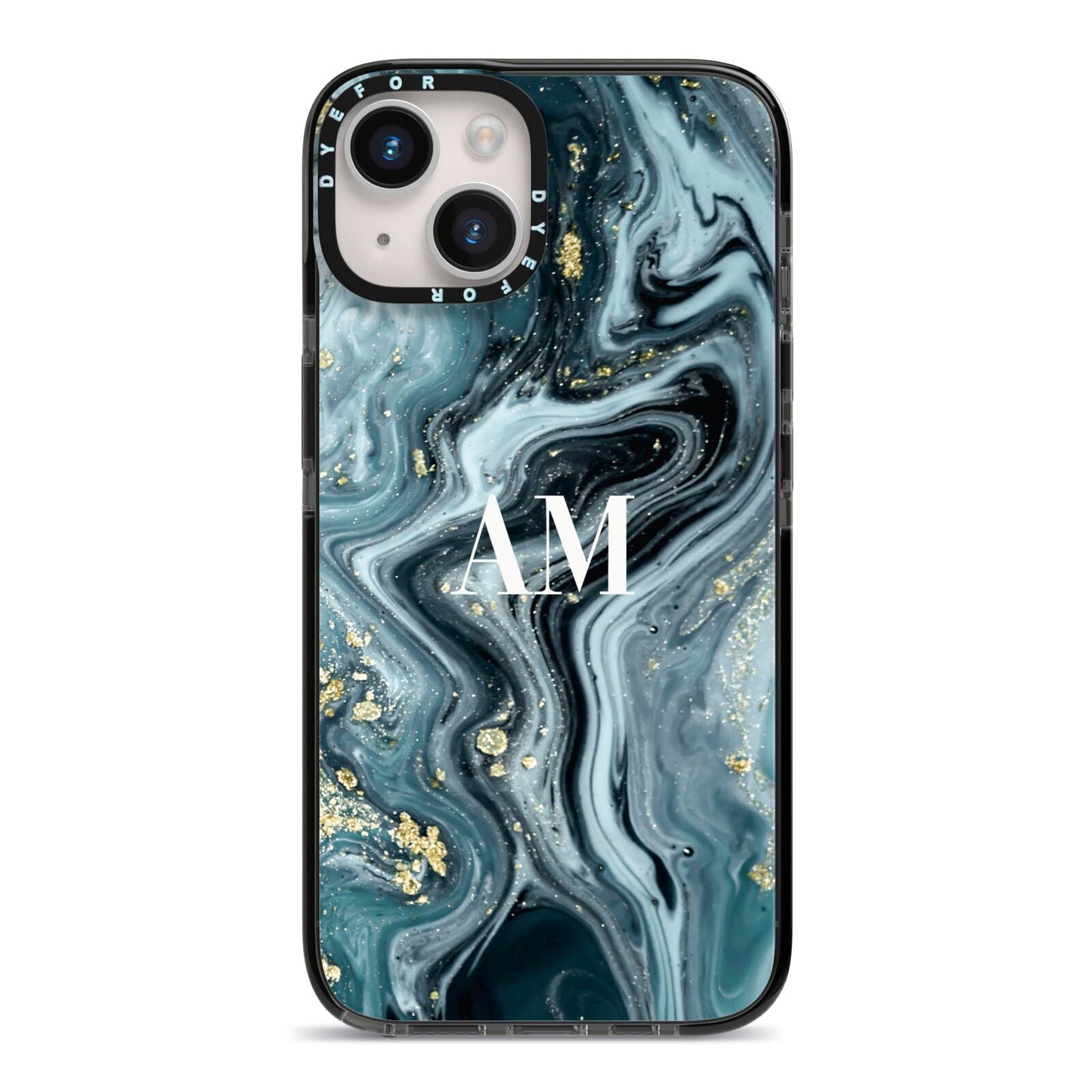 Custom Blue Swirl Marble iPhone 14 Black Impact Case on Silver phone