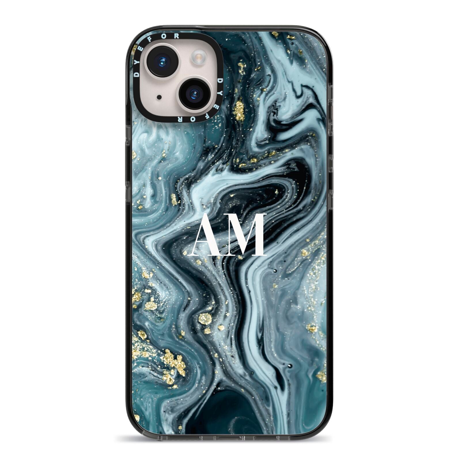 Custom Blue Swirl Marble iPhone 14 Plus Black Impact Case on Silver phone