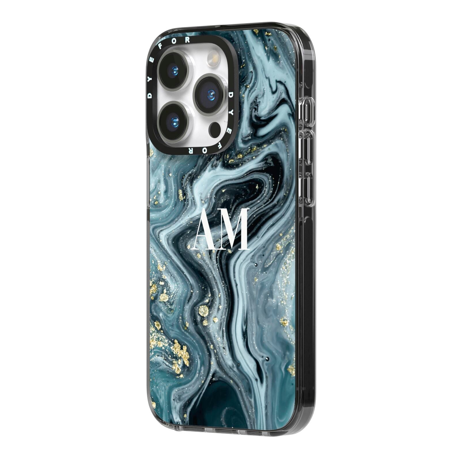 Custom Blue Swirl Marble iPhone 14 Pro Black Impact Case Side Angle on Silver phone