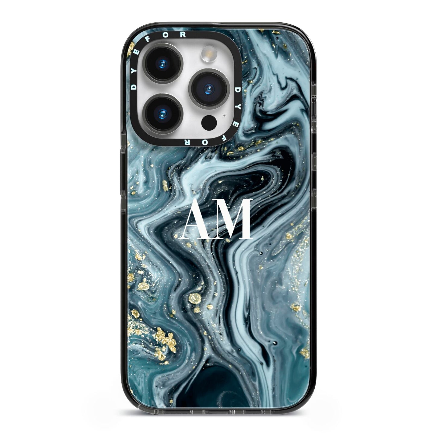Custom Blue Swirl Marble iPhone 14 Pro Black Impact Case on Silver phone