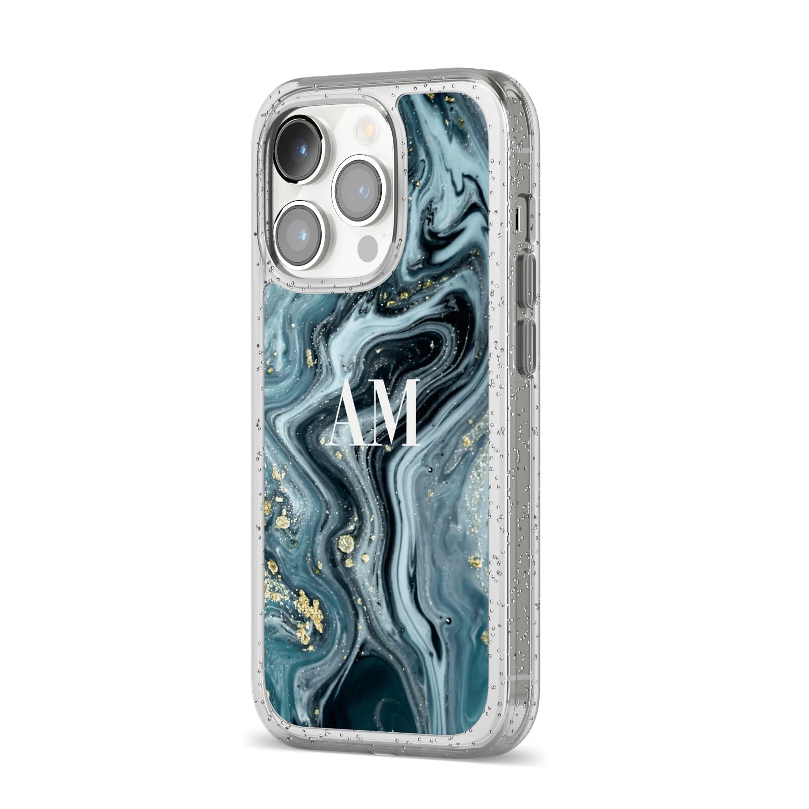Custom Blue Swirl Marble iPhone 14 Pro Glitter Tough Case Silver Angled Image