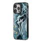 Custom Blue Swirl Marble iPhone 14 Pro Max Black Impact Case Side Angle on Silver phone