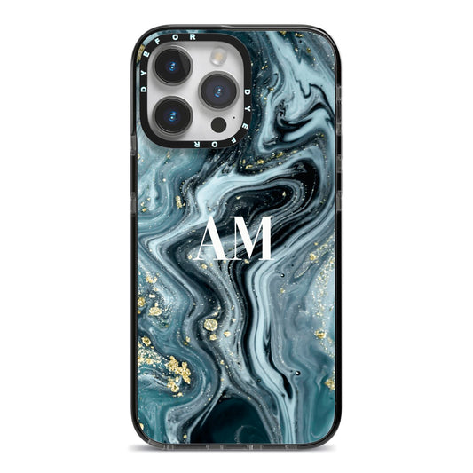 Custom Blue Swirl Marble iPhone 14 Pro Max Black Impact Case on Silver phone