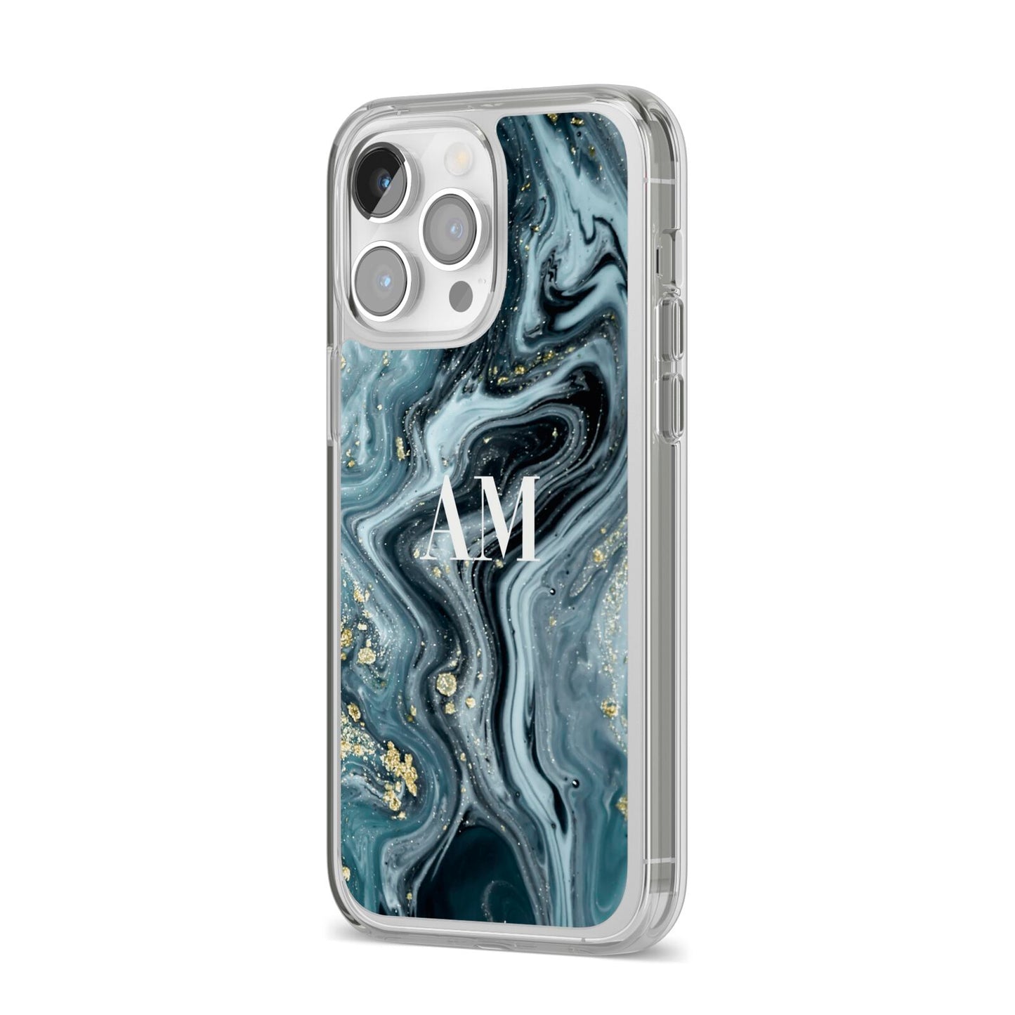 Custom Blue Swirl Marble iPhone 14 Pro Max Clear Tough Case Silver Angled Image