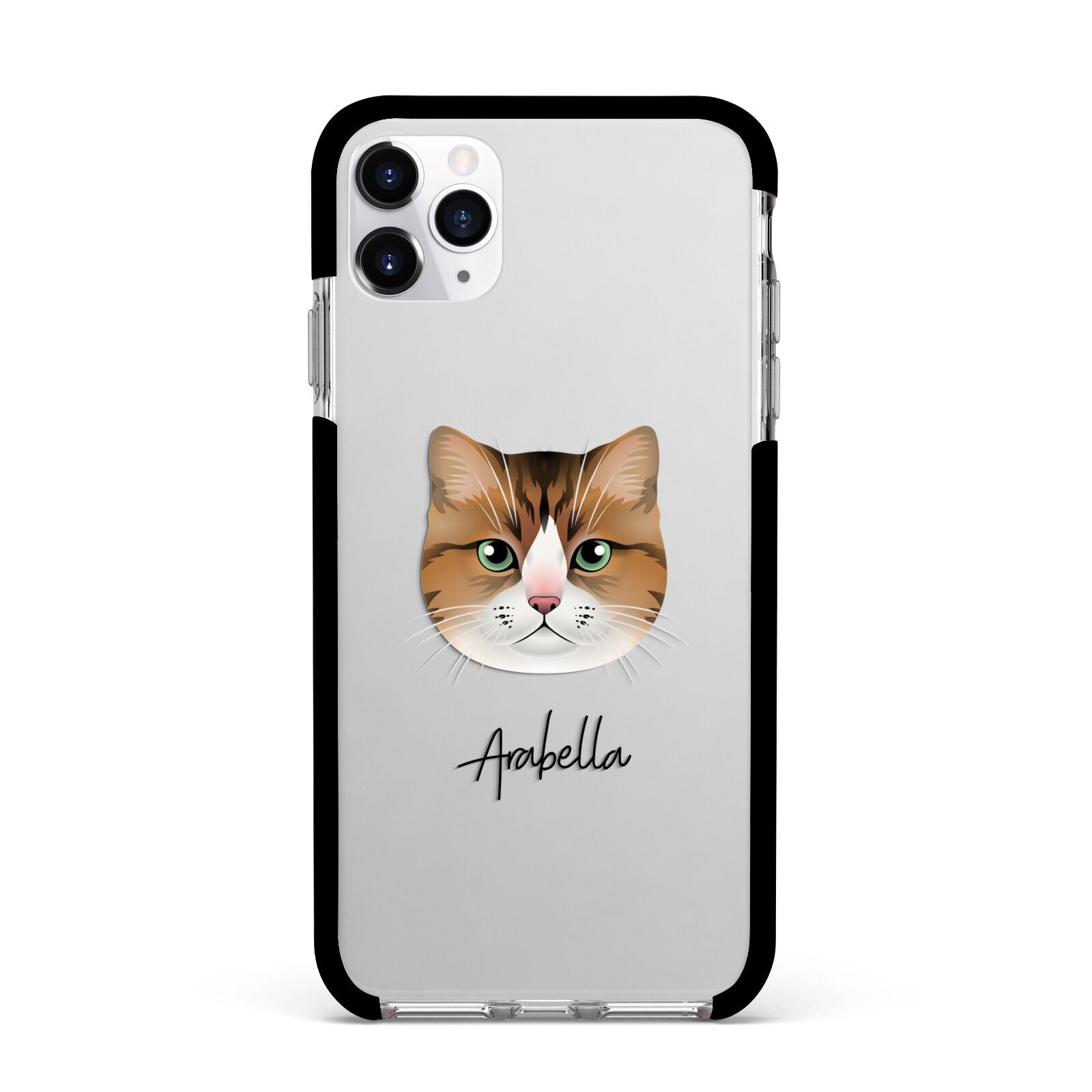 Custom Cat Illustration with Name Apple iPhone 11 Pro Max in Silver with Black Impact Case