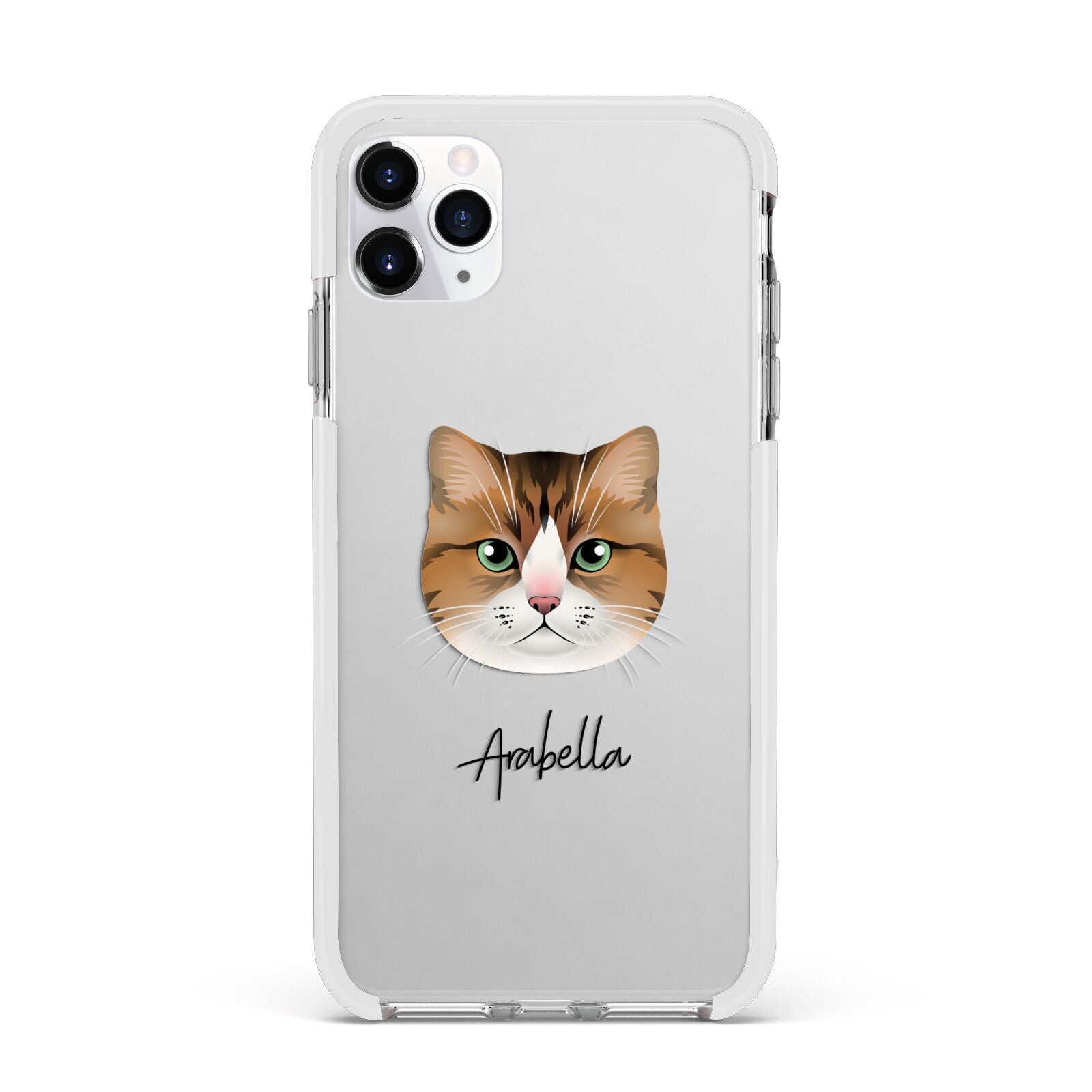 Custom Cat Illustration with Name Apple iPhone 11 Pro Max in Silver with White Impact Case
