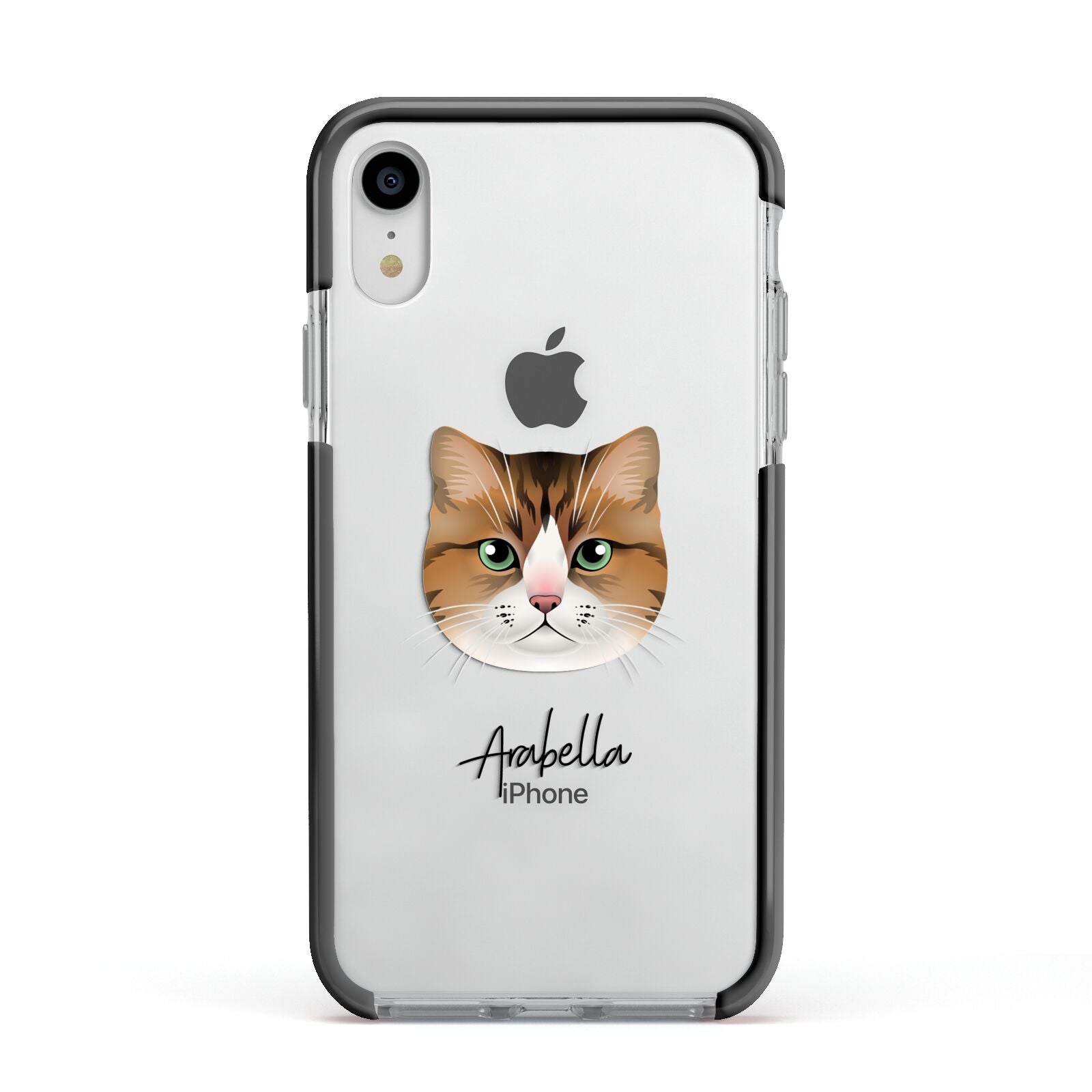 Custom Cat Illustration with Name Apple iPhone XR Impact Case Black Edge on Silver Phone