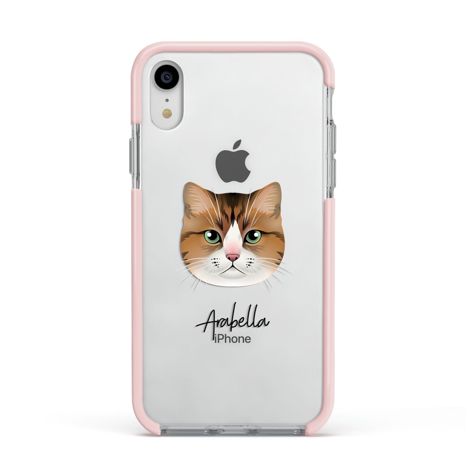 Custom Cat Illustration with Name Apple iPhone XR Impact Case Pink Edge on Silver Phone