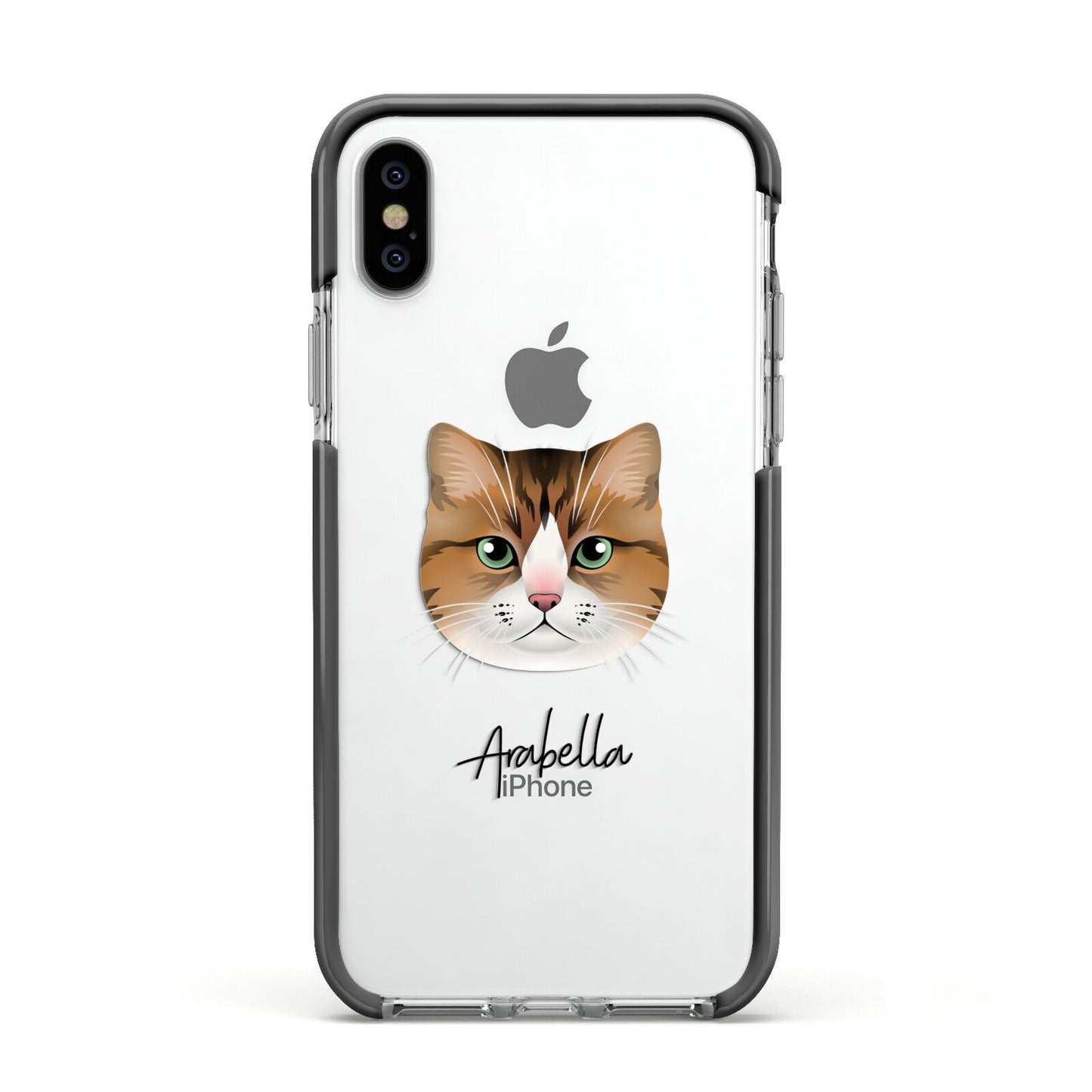 Custom Cat Illustration with Name Apple iPhone Xs Impact Case Black Edge on Silver Phone