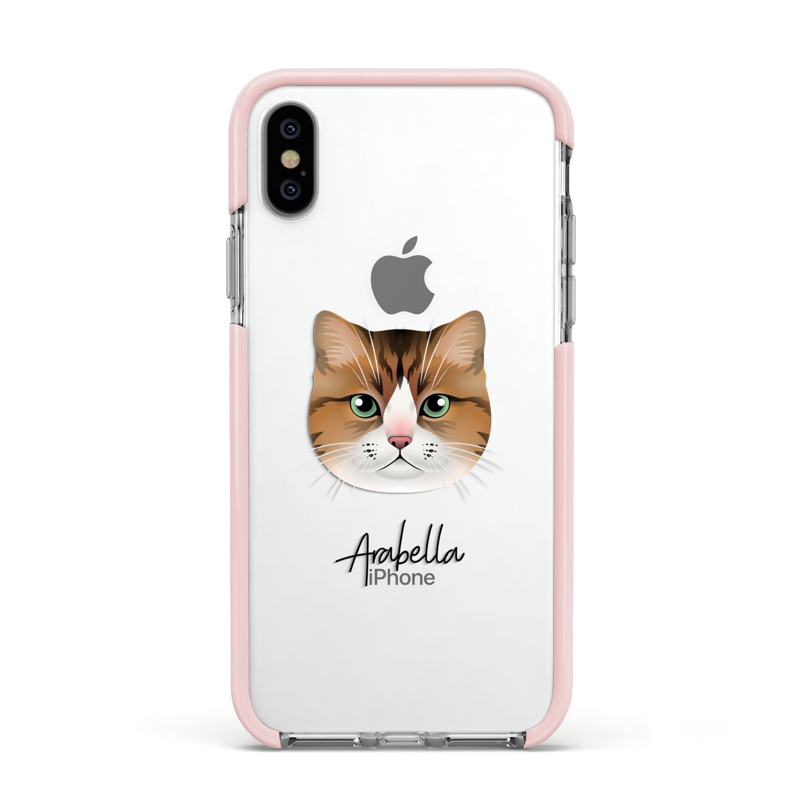 Custom Cat Illustration with Name Apple iPhone Xs Impact Case Pink Edge on Silver Phone