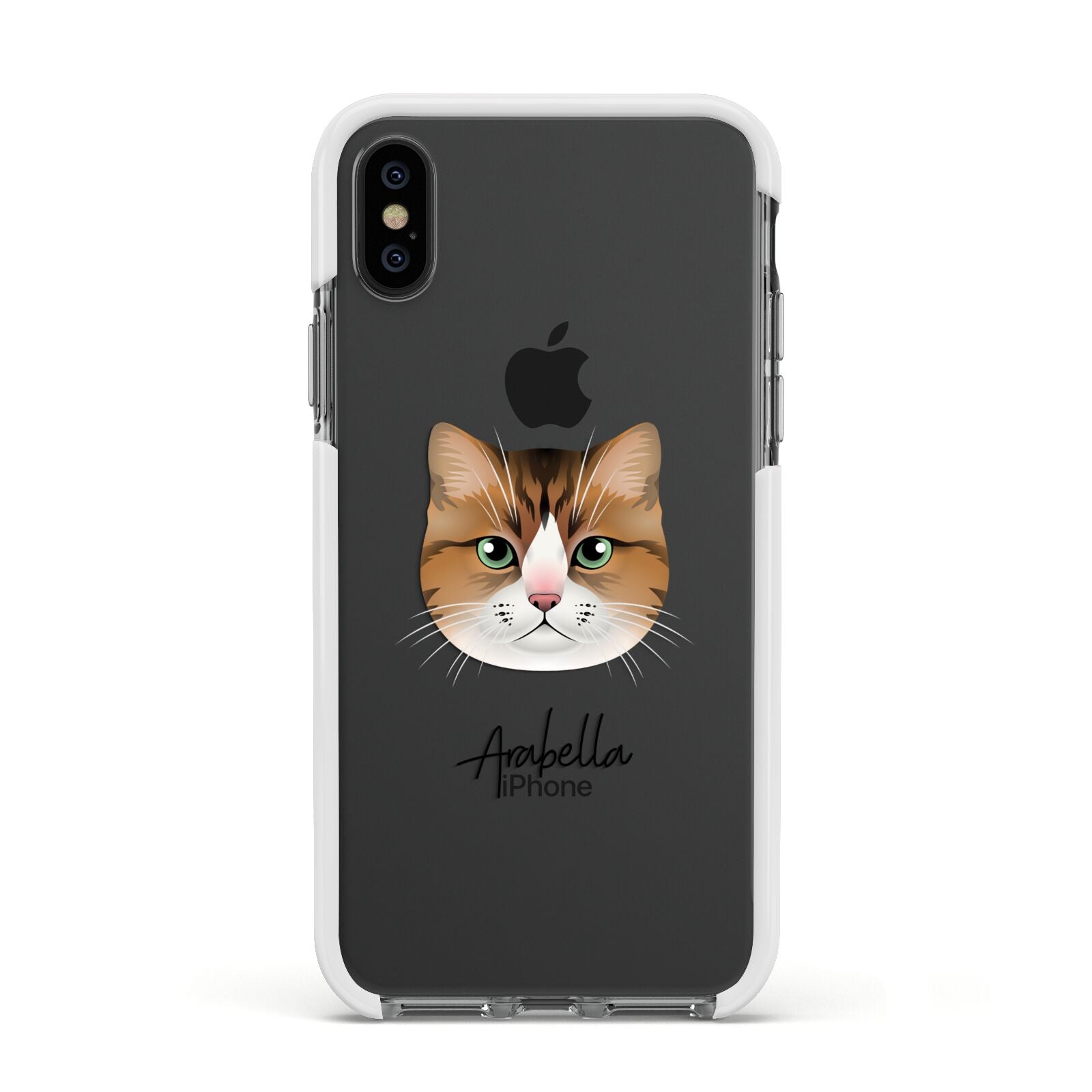 Custom Cat Illustration with Name Apple iPhone Xs Impact Case White Edge on Black Phone