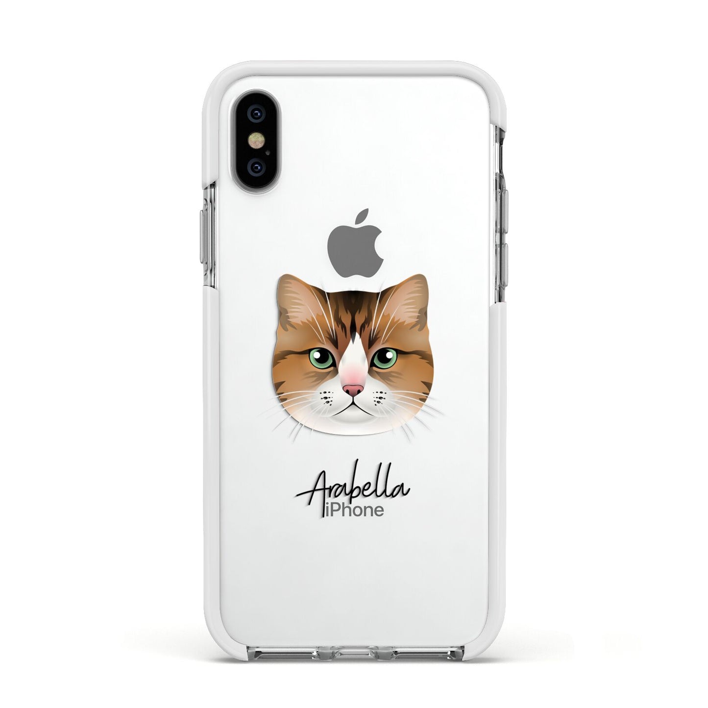 Custom Cat Illustration with Name Apple iPhone Xs Impact Case White Edge on Silver Phone